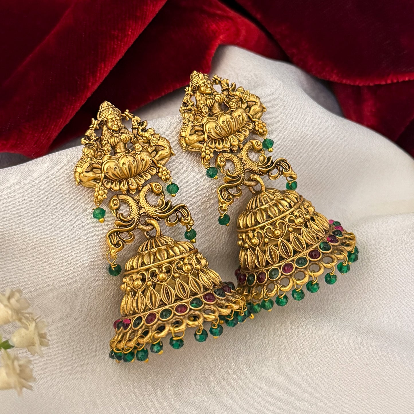 Aadya Temple Jhumka Earrings - Pink & Green