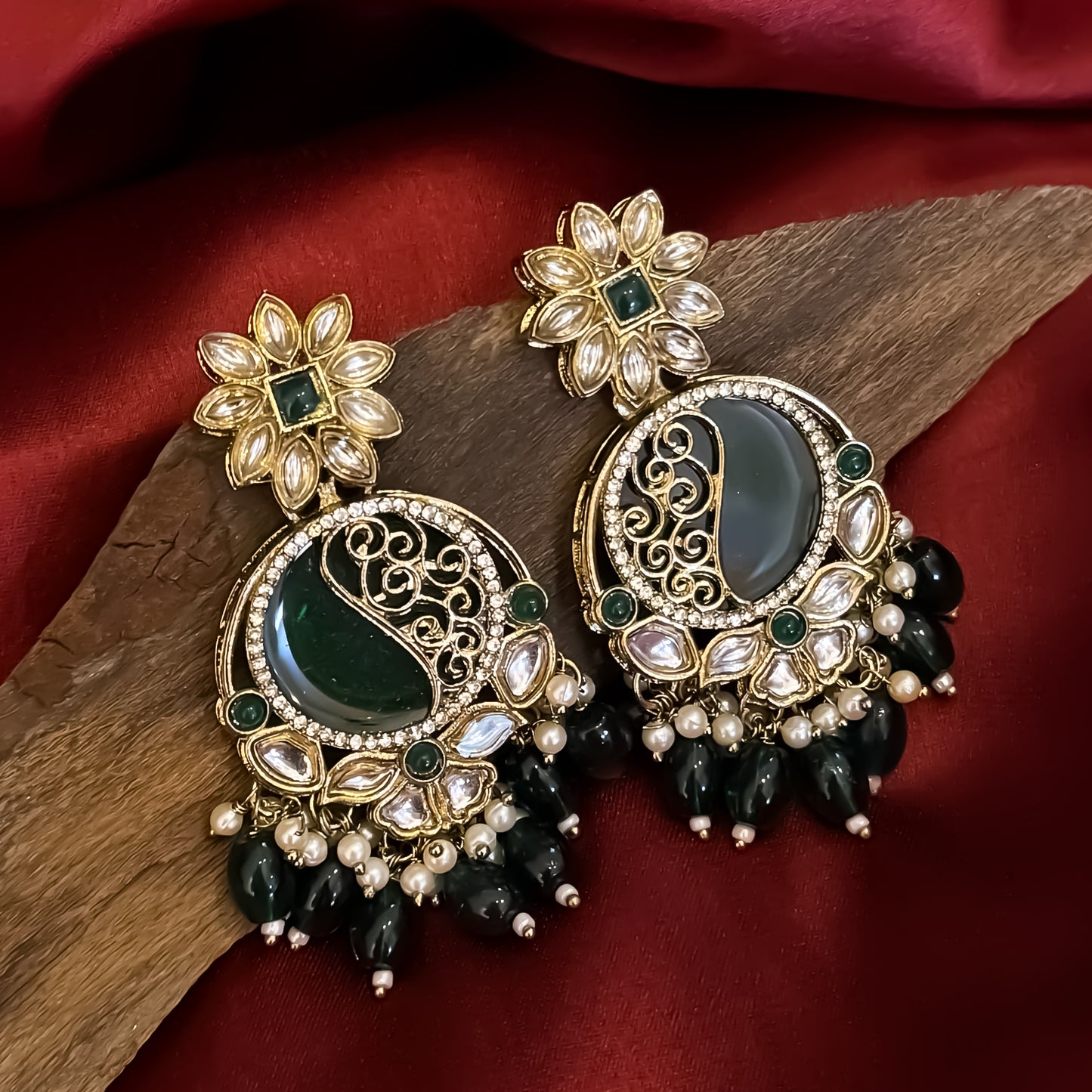 Ishika Premium Cutwork MOP Premium Chandbali Earrings - Green