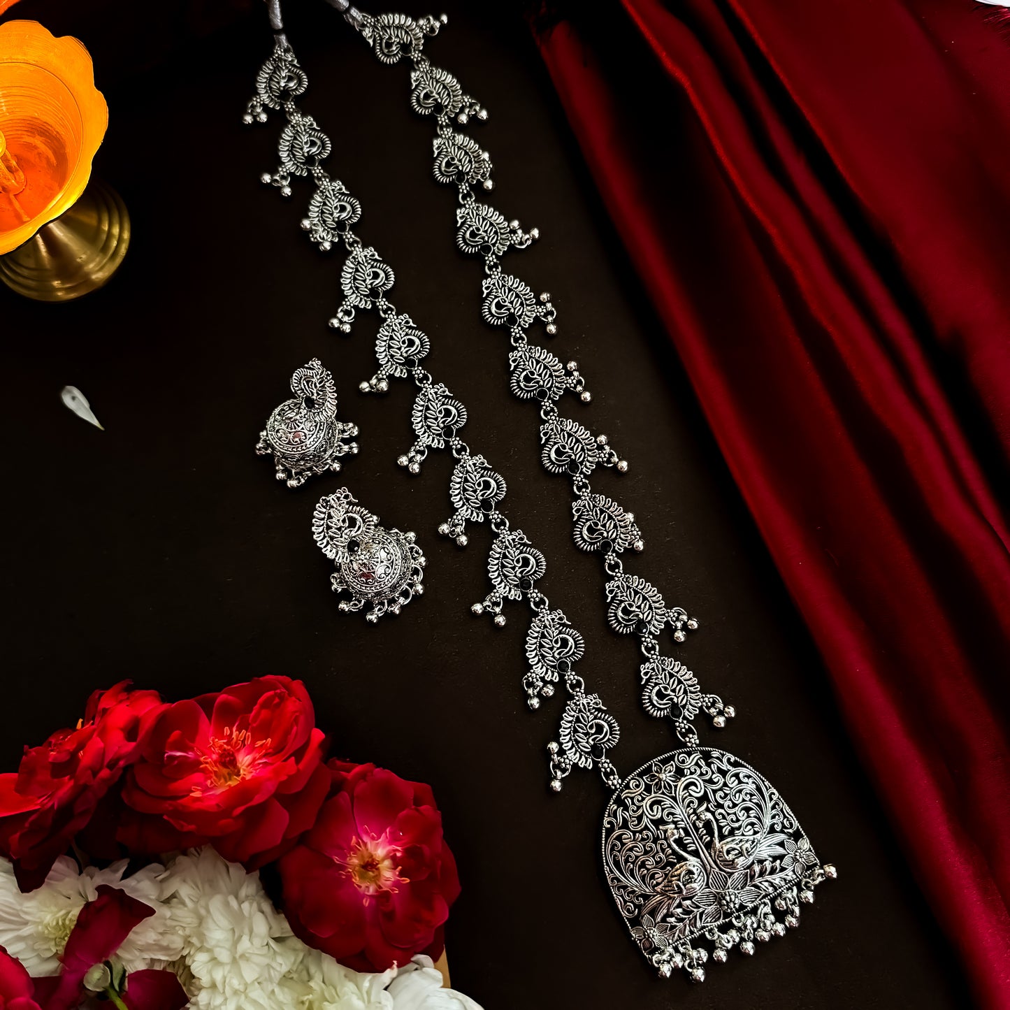 Snehal Peacock Motif Long Necklace Set