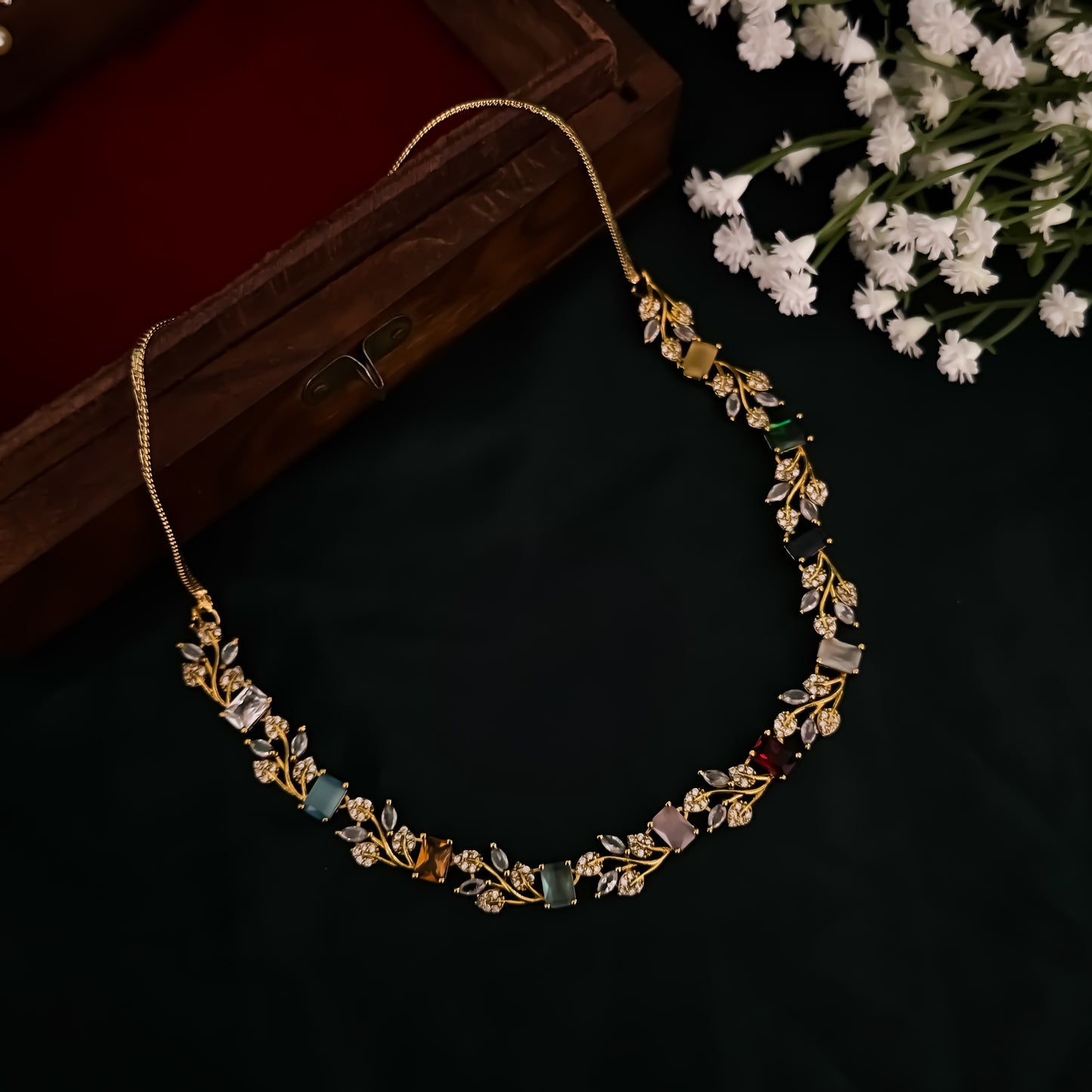 Navratan Petals Minimal AD Necklace Set
