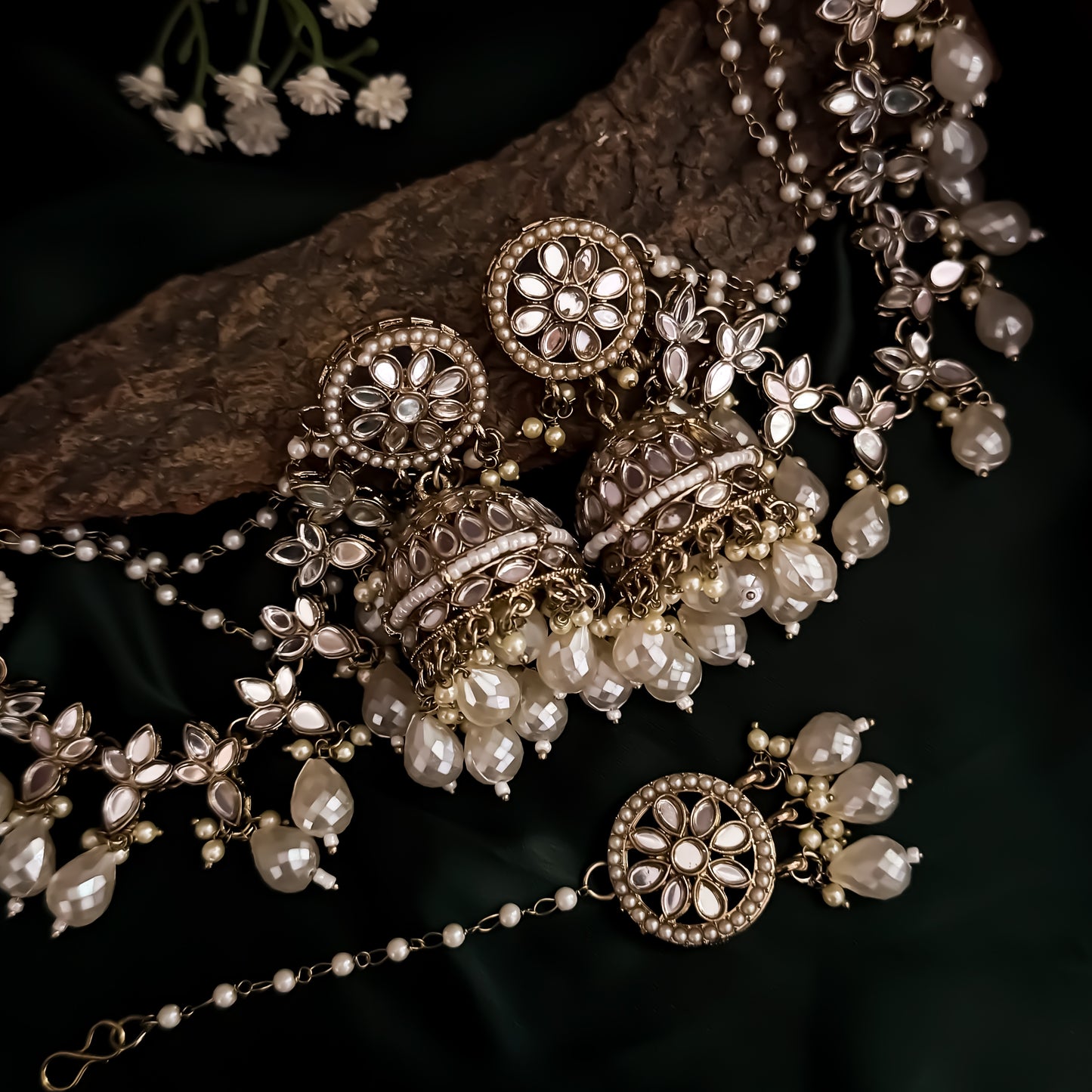 Kashish Jadau Mirror Jhumka Earrings with Sahara/Earchains - Golden