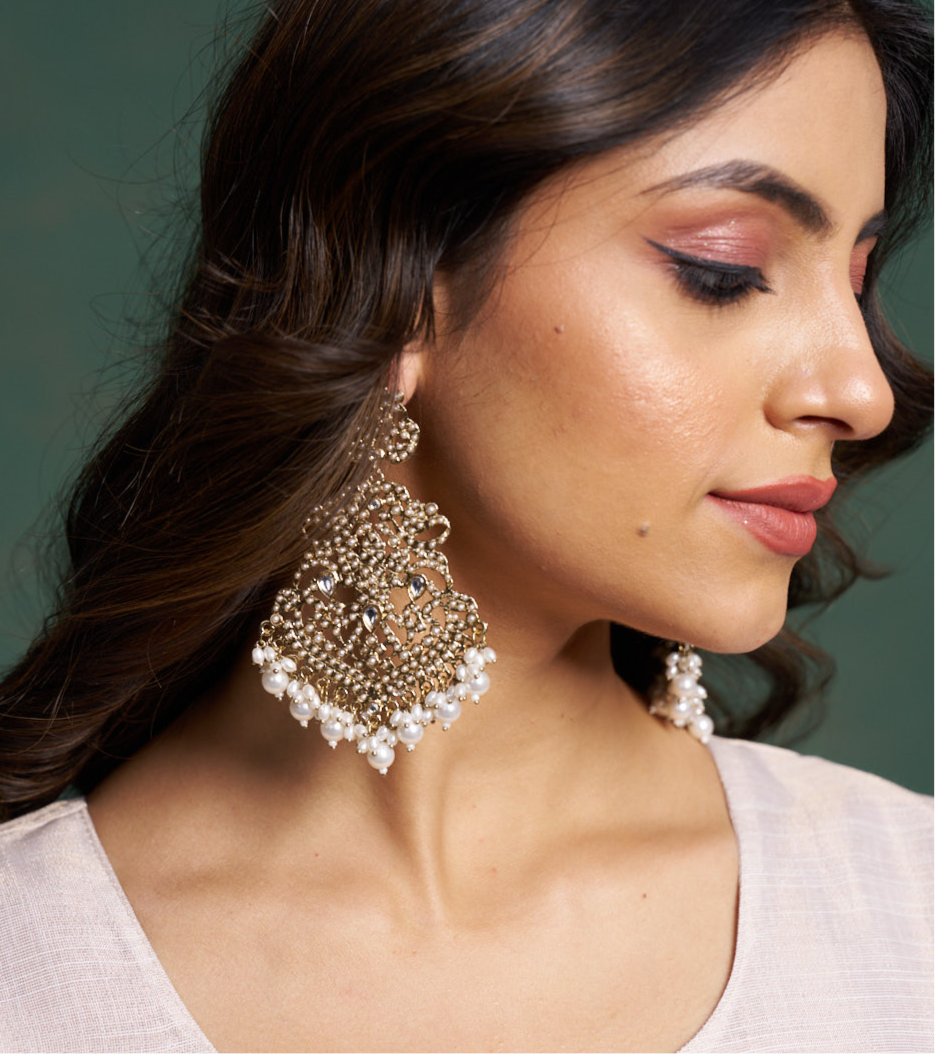 Shravya Jadau Chandbali Earrings - Golden