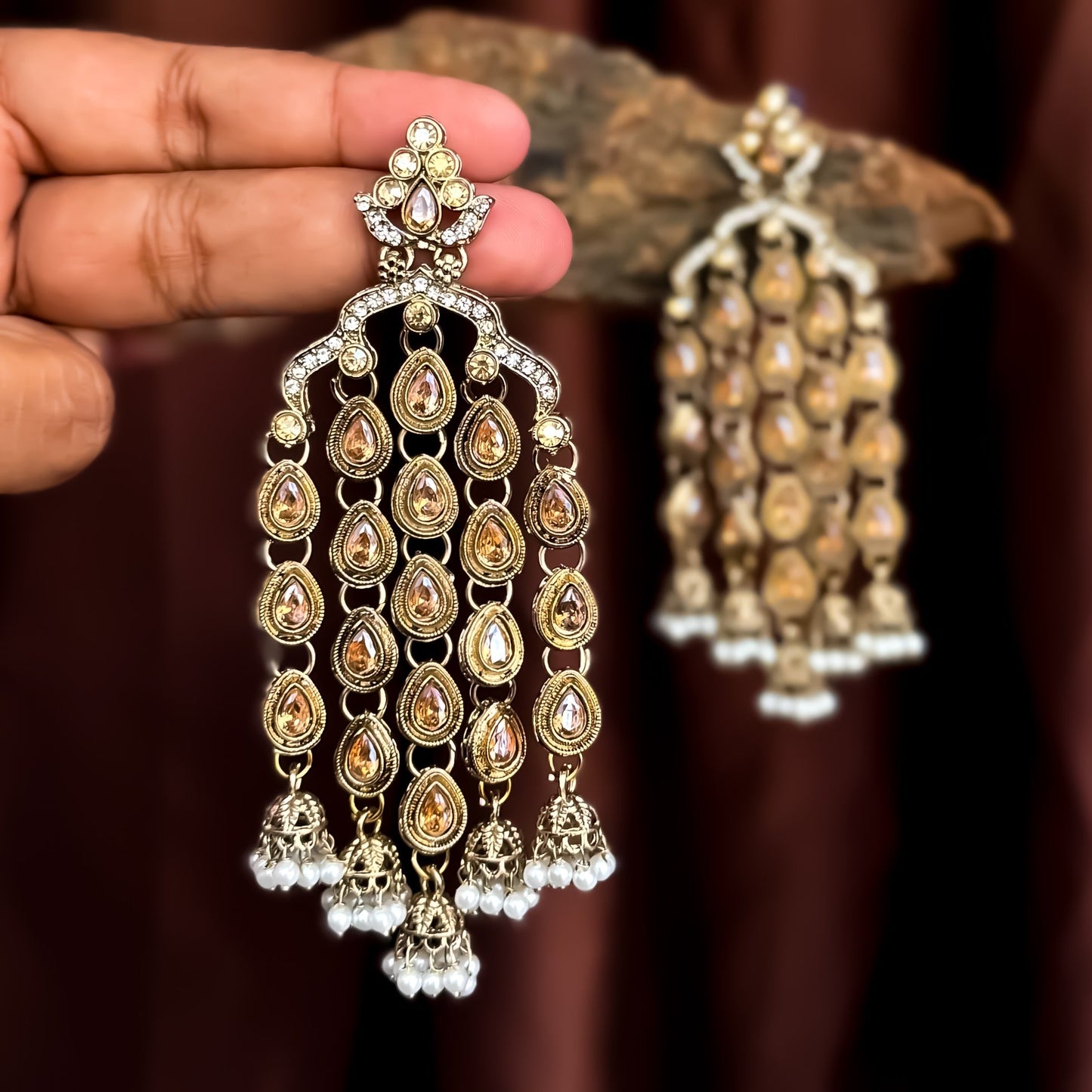 Tejaswini Rain Drop Chandbali Earrings - Golden