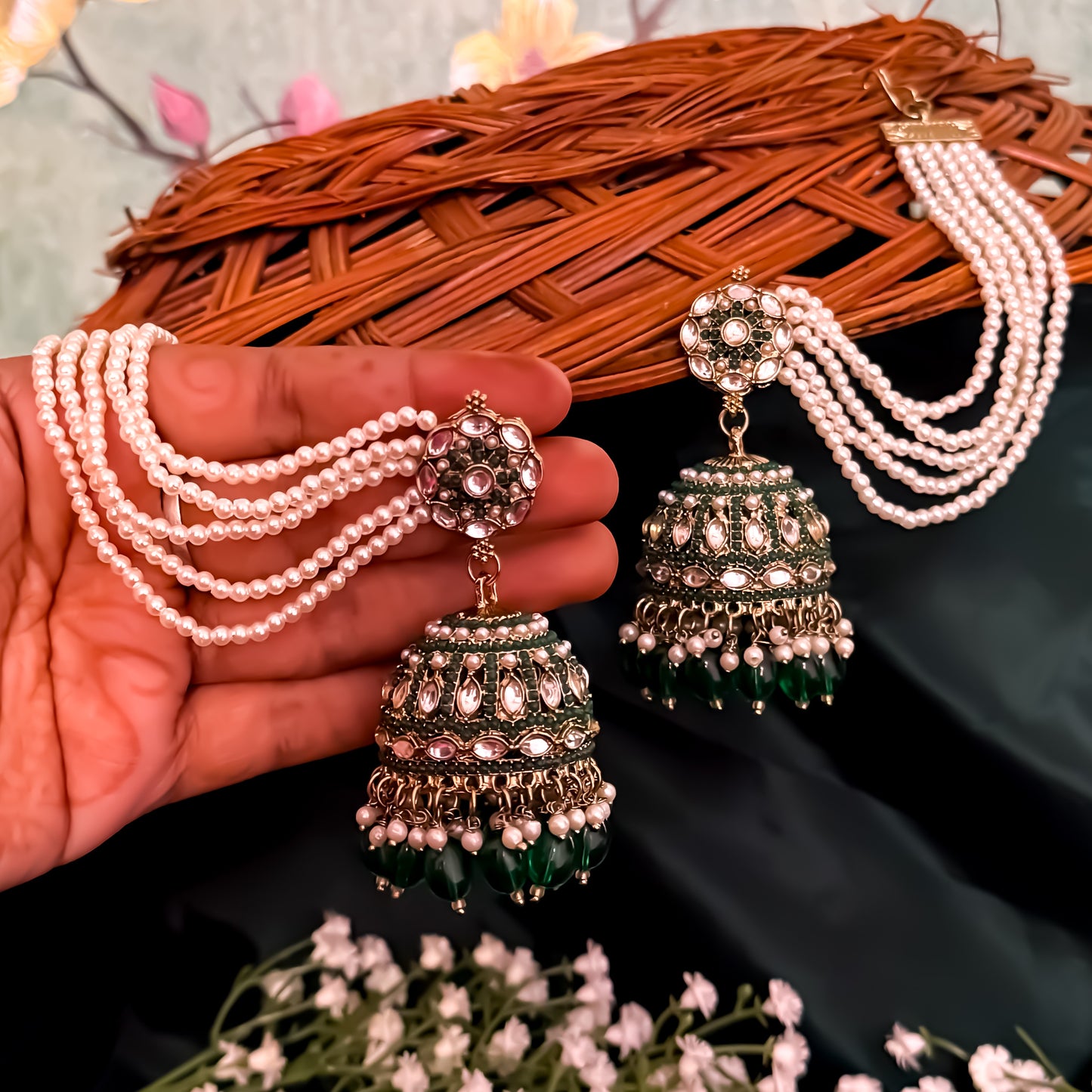 Mehvish Jadau Reverse AD Jhumka Earrings with Earchain - Green