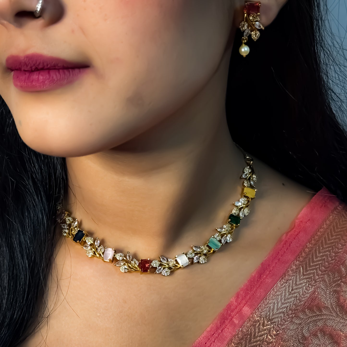 Navratan Petals Minimal AD Necklace Set