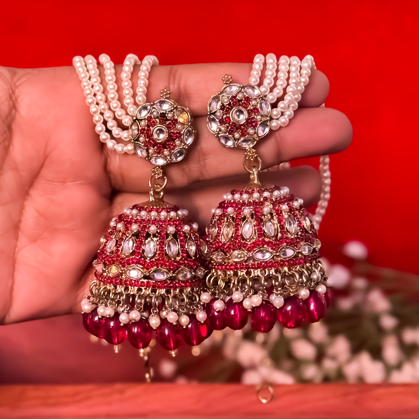 Mehvish Jadau Reverse AD Jhumka Earrings with Earchain - Hot Pink