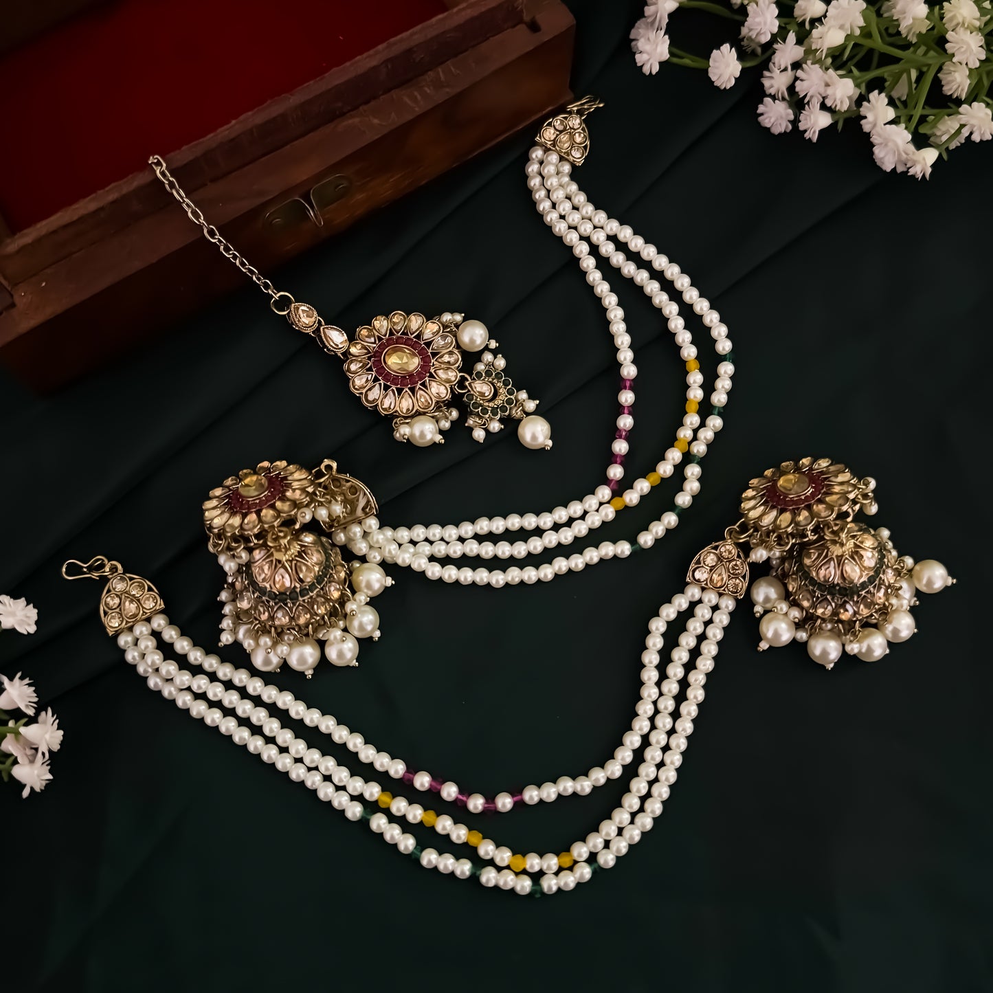 Noorani Reverse AD Necklace Set with Jhumka Sahara Earrings & Teeka - Multi