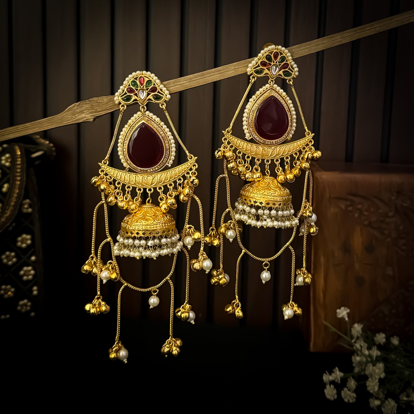 Midha Kashmiri Brass Dejhoor Ghungroo Jhumka Earrings - Maroon