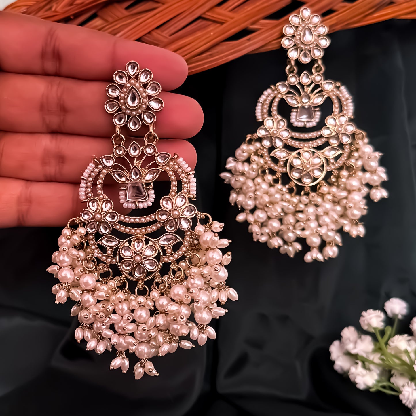 Sanjoya Jadau Pearl Chandbali Earrings - Golden
