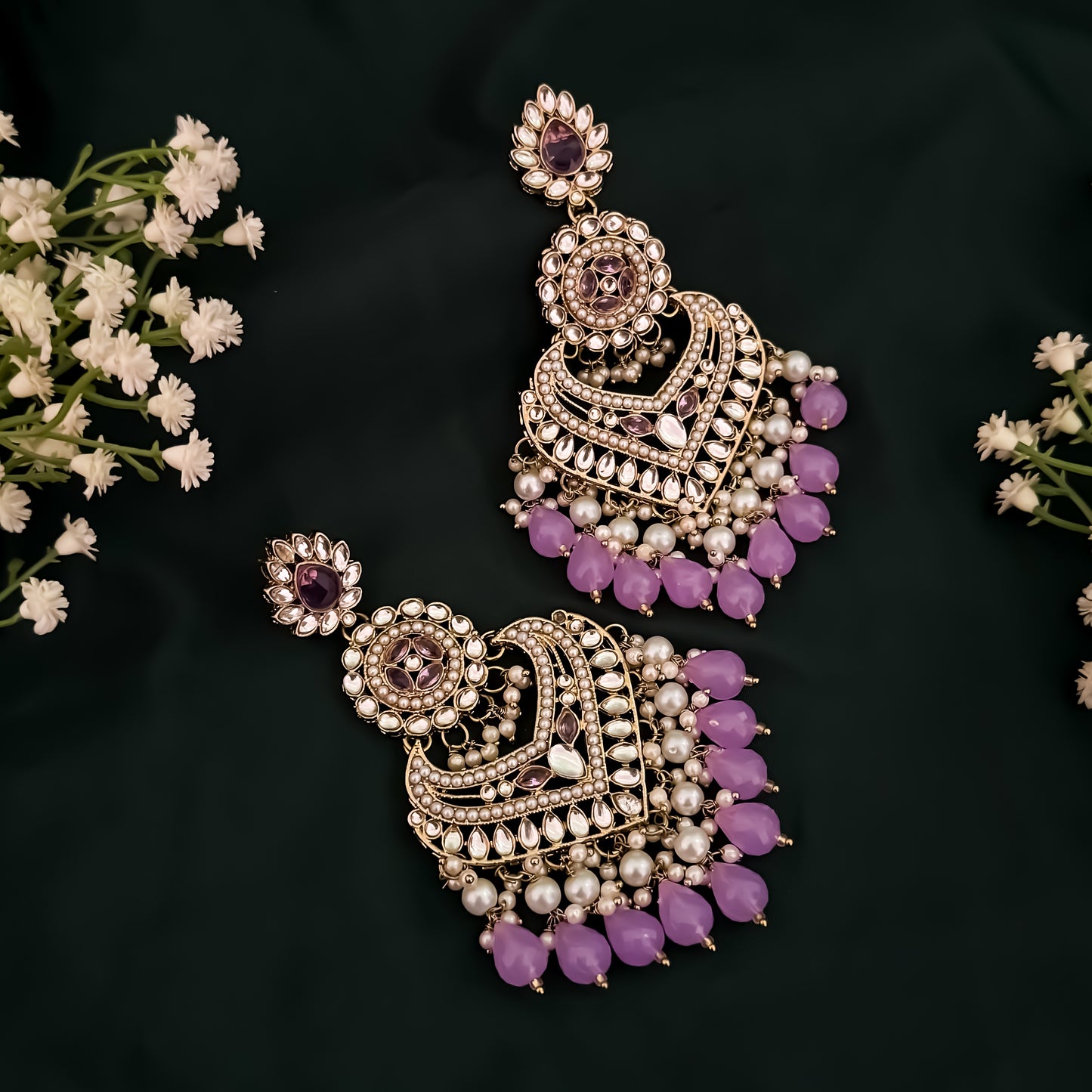 Shaba Jadau Kundan Chandbali Earrings - Lavender