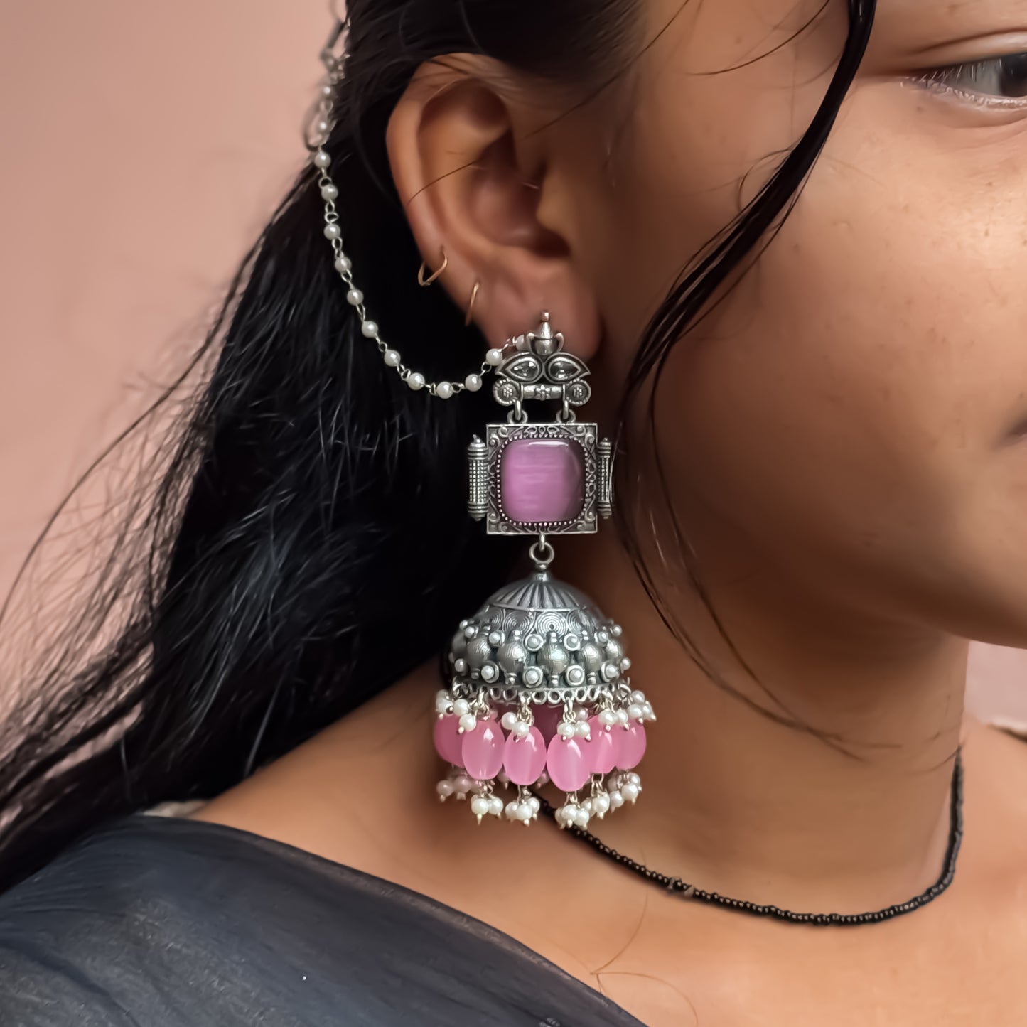Sadaf Brass Jhumka Earrings with Earchains - Pastel Pink
