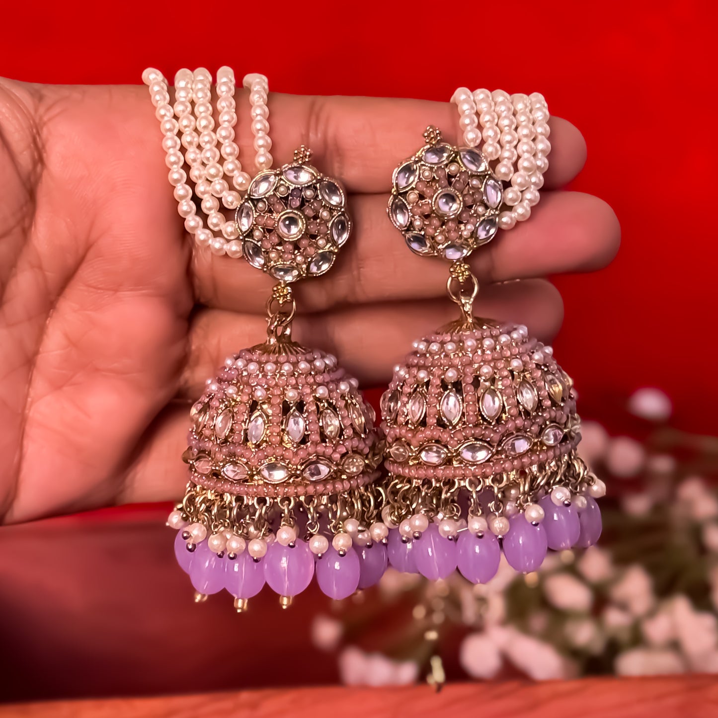 Mehvish Jadau Reverse AD Jhumka Earrings with Earchain - Lavender