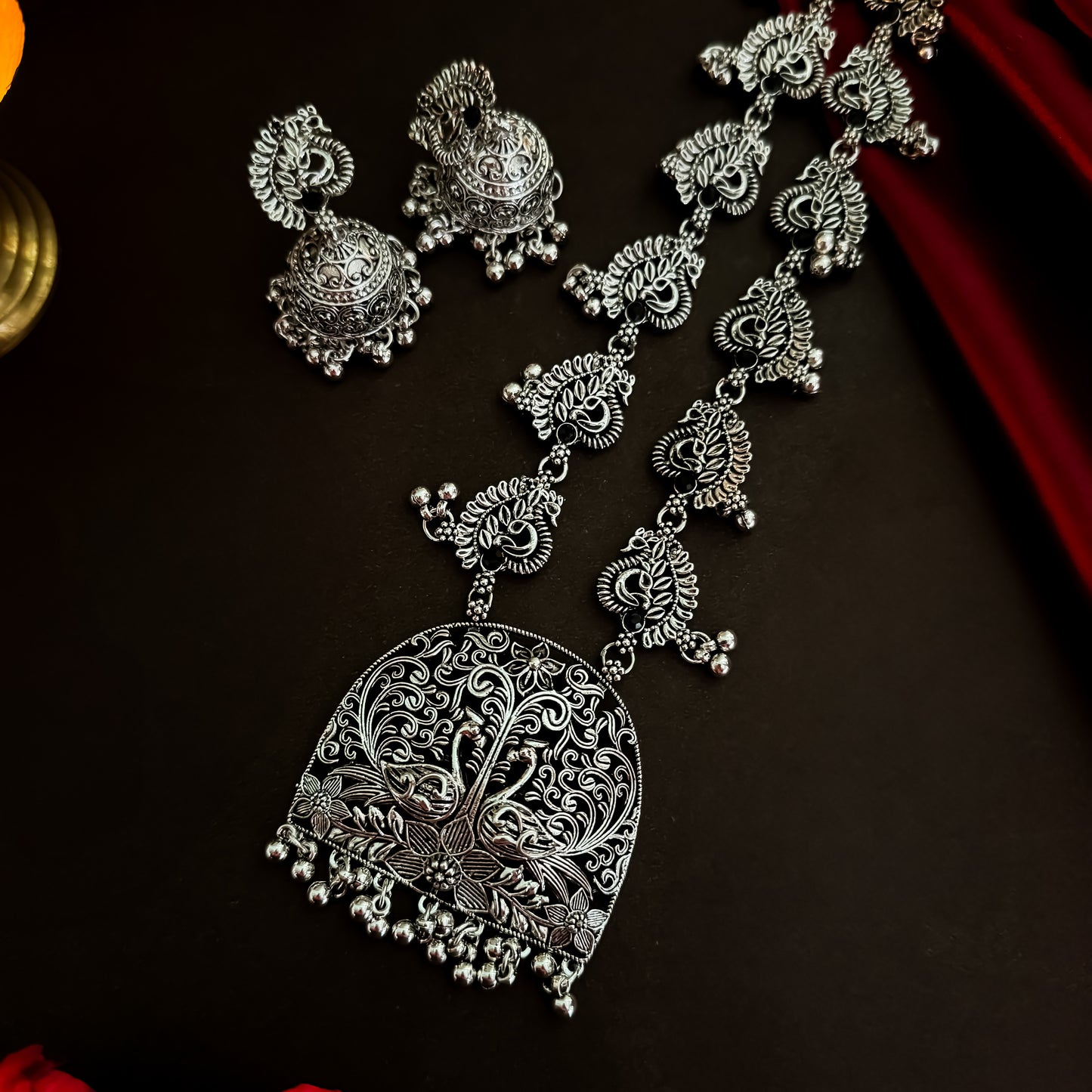 Snehal Peacock Motif Long Necklace Set