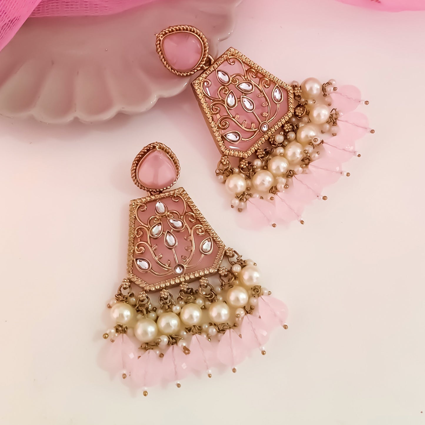 Sanskriti MOP Pearl Chandbali - Baby Pink