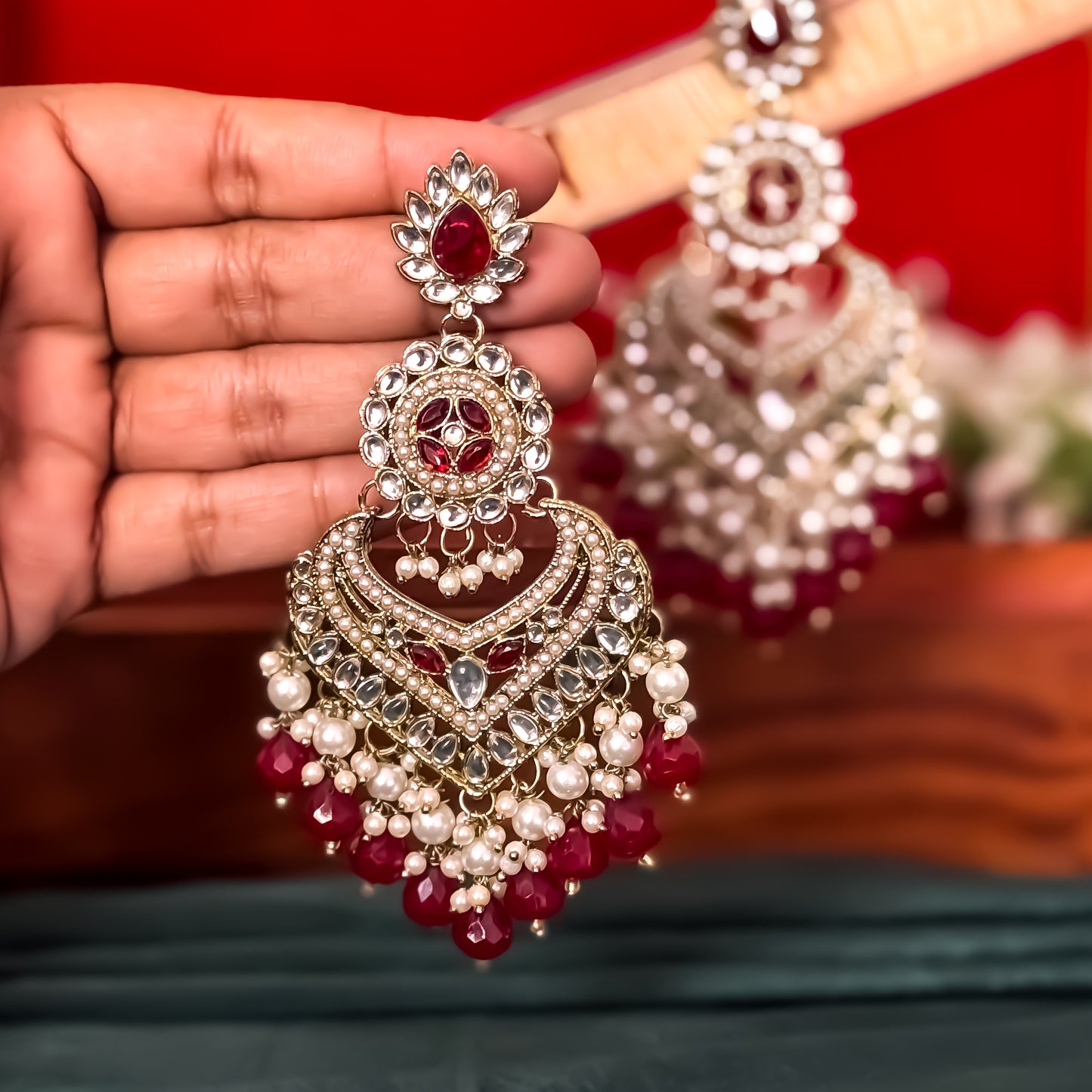 Shaba Jadau Kundan Chandbali Earrings - Maroon
