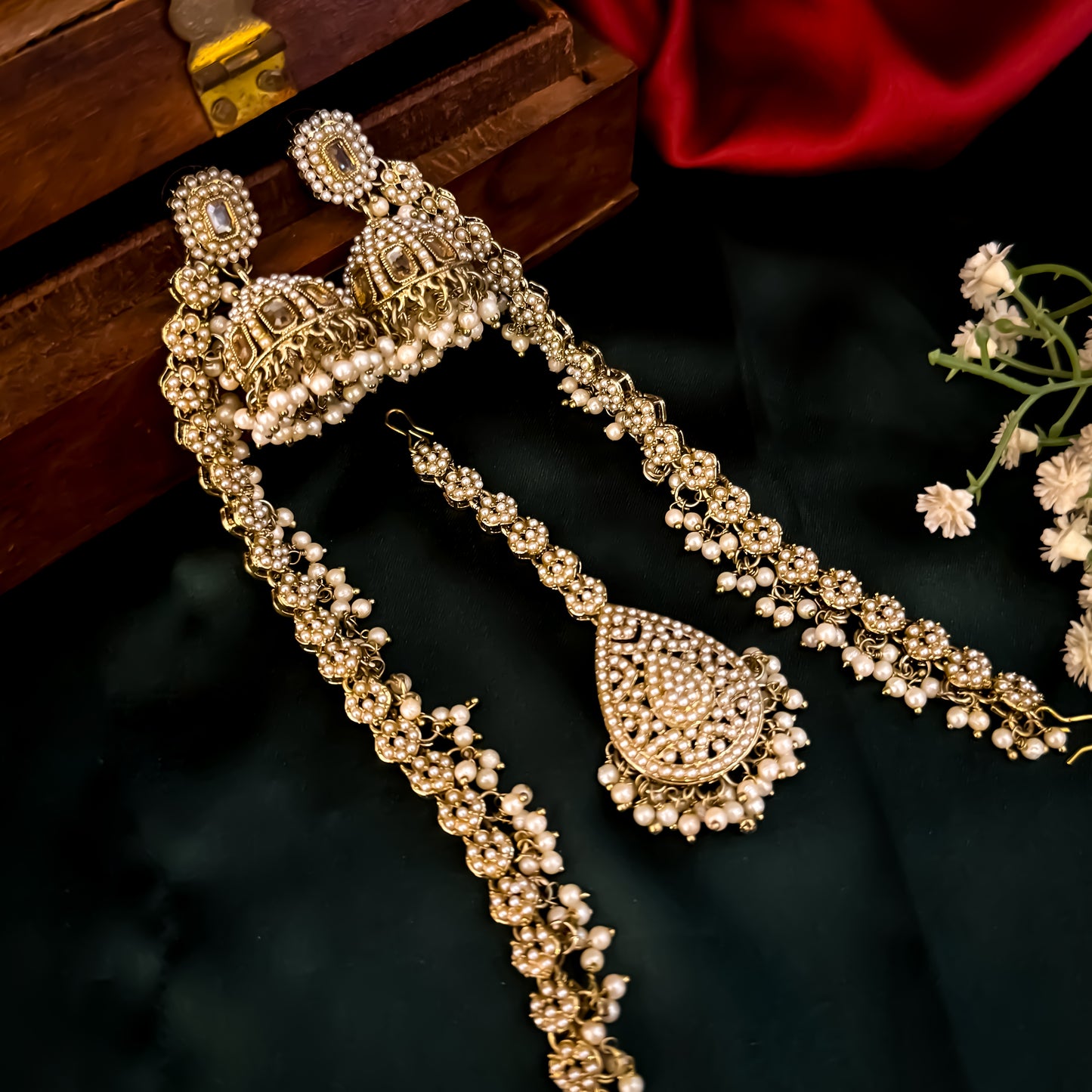 Aarzoo Jadau Reverse AD Jhumka Earrings with Sahara & Teeka - Golden