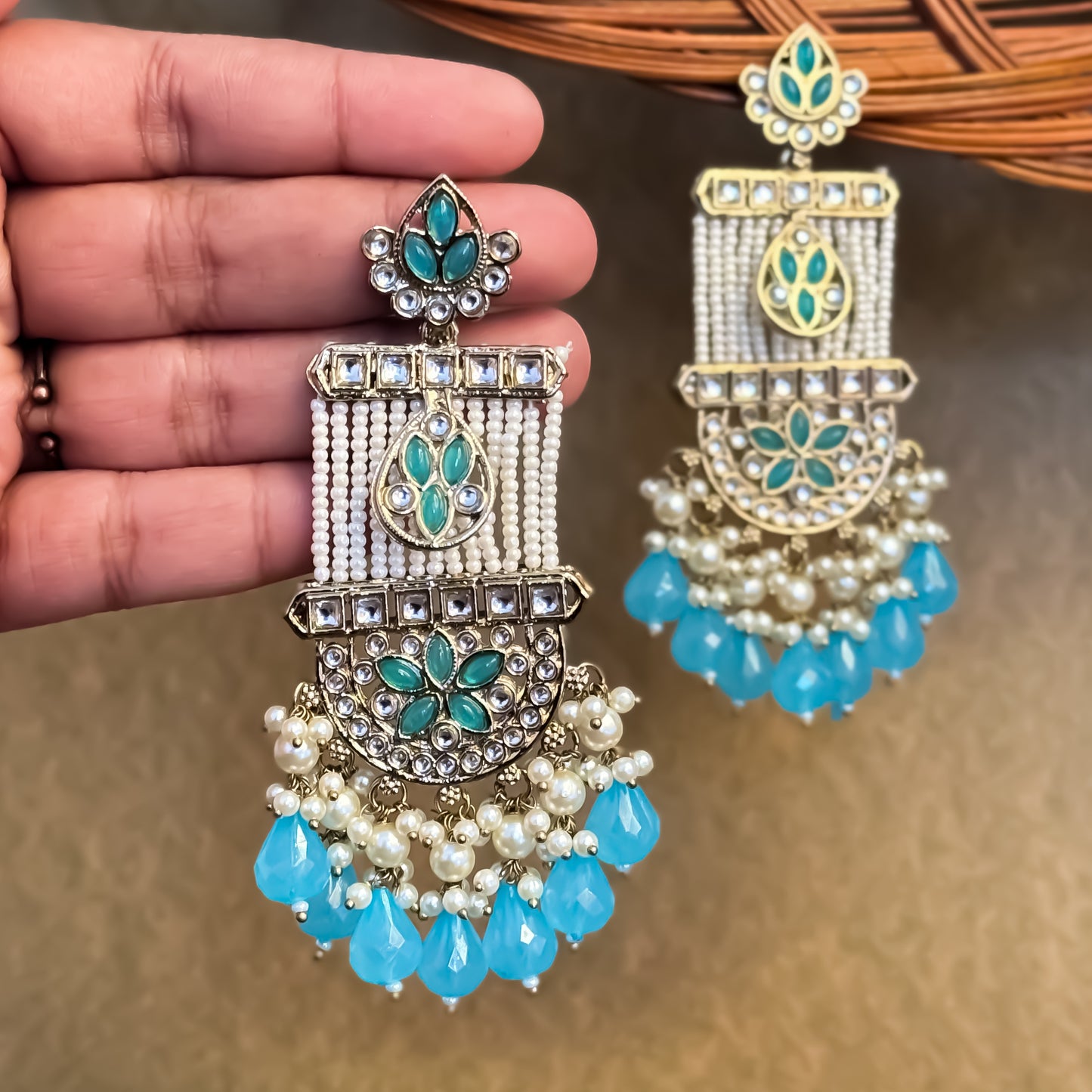 Kamya Pearl Chandbali Earrings- Sky Blue