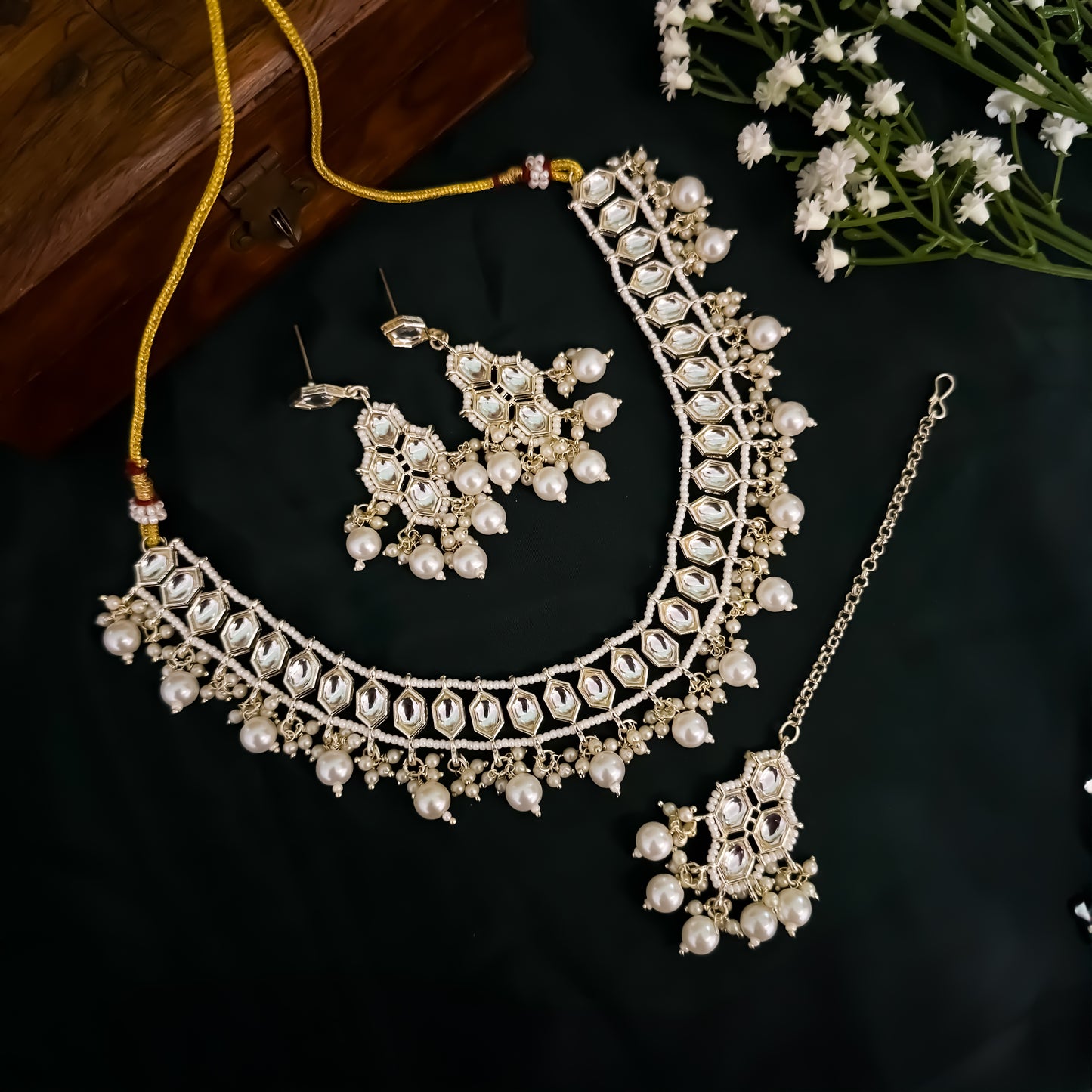 Rismat Kundan Pearl Necklace Set - Golden