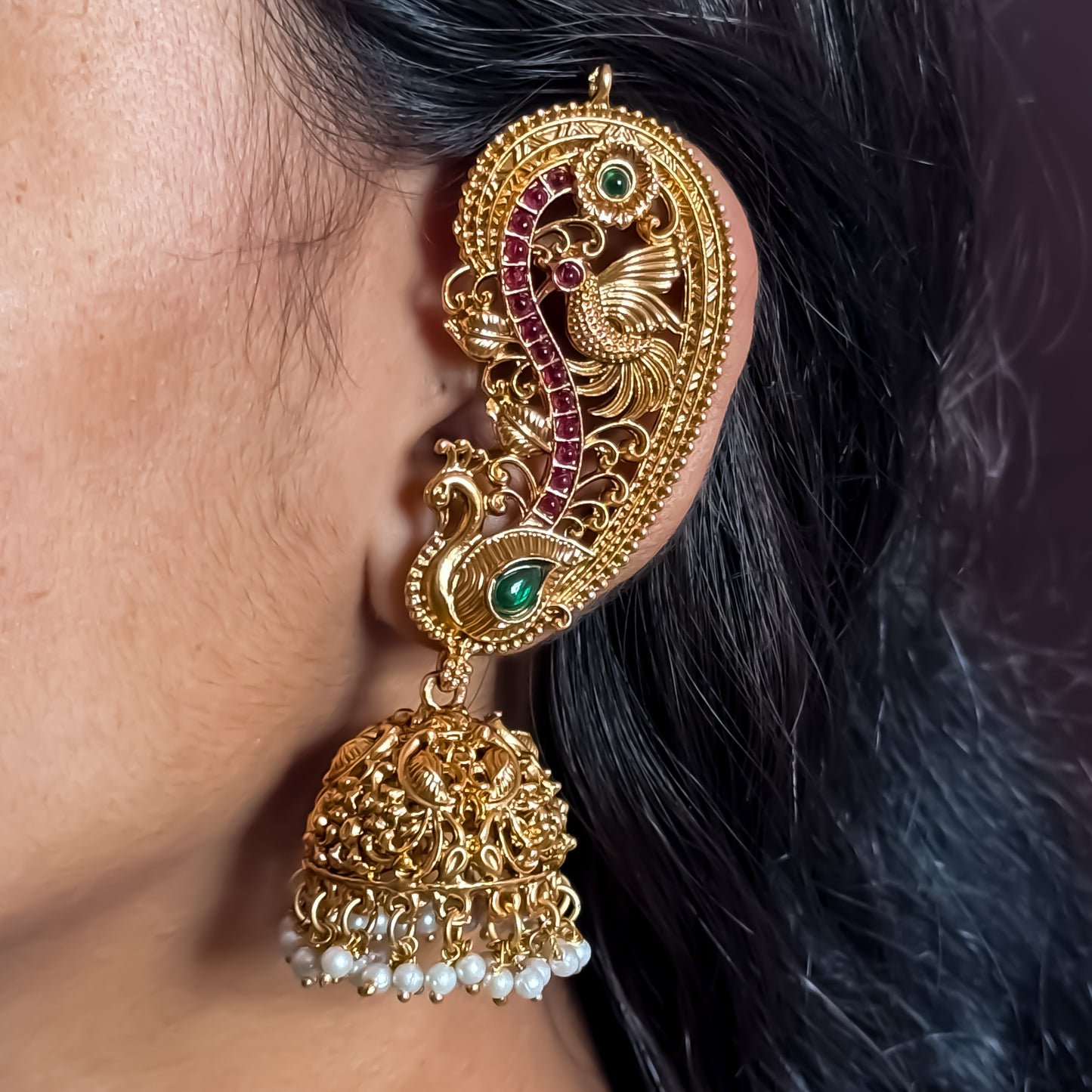 Madhuri Premium Temple Gold Earcuff Earrings