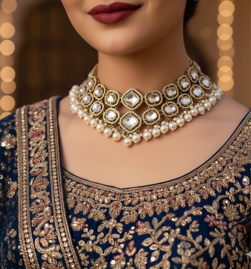 Aaliyah Polki Look Alike Double Layer Necklace Set