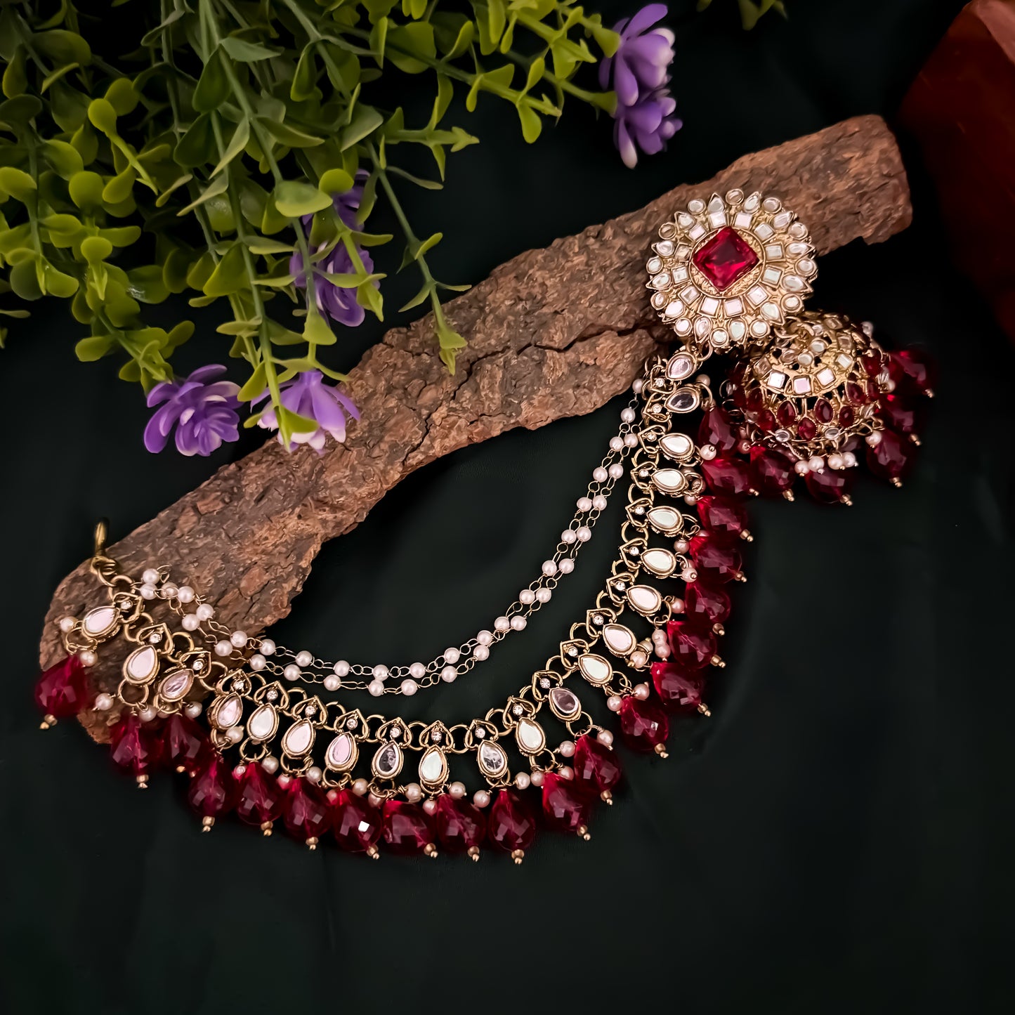 Masaba Mirror Jhumka Earrings with Sahara & Tika Set - Pink
