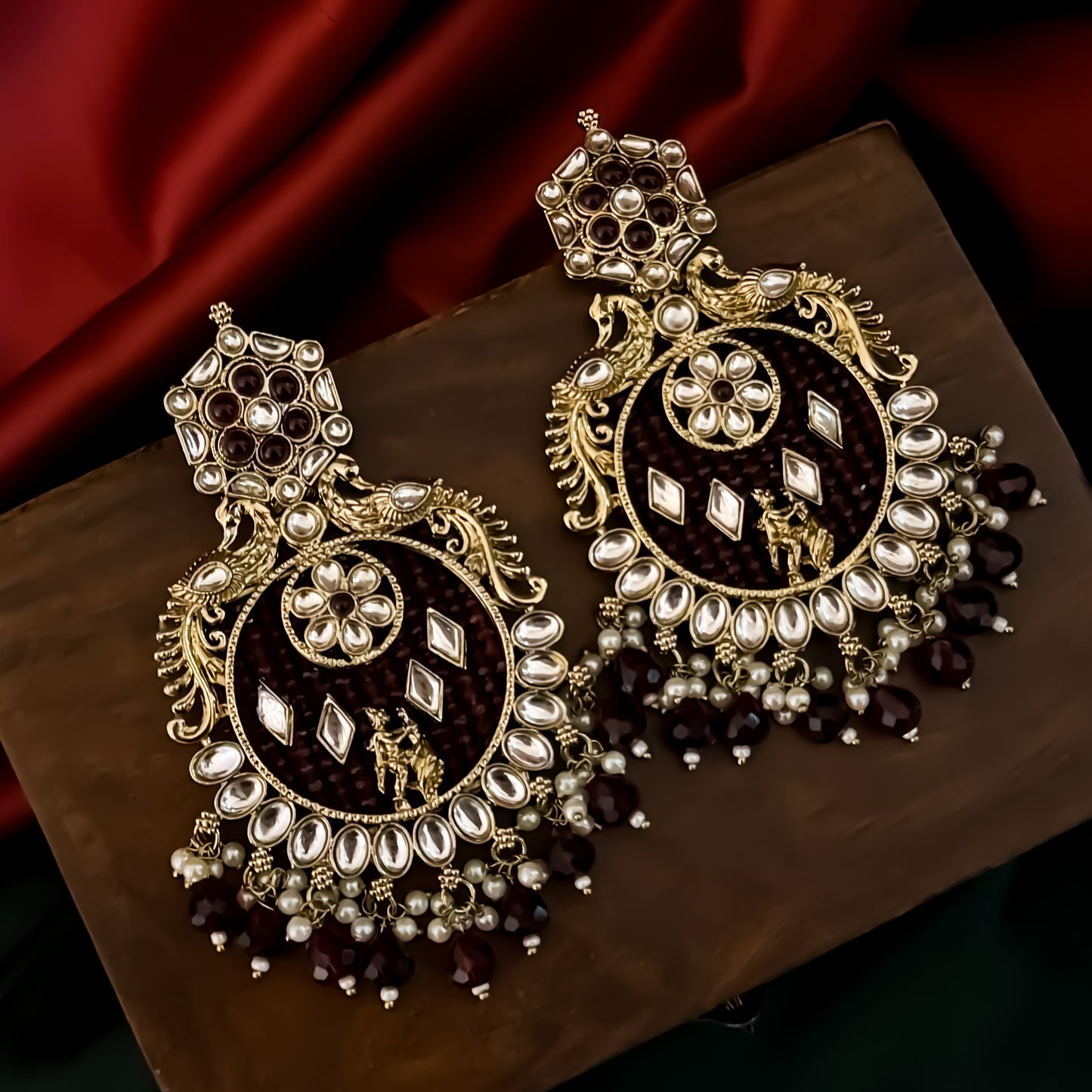 Dhwani Kundan Pearl Chandbali Earrings - Maroon