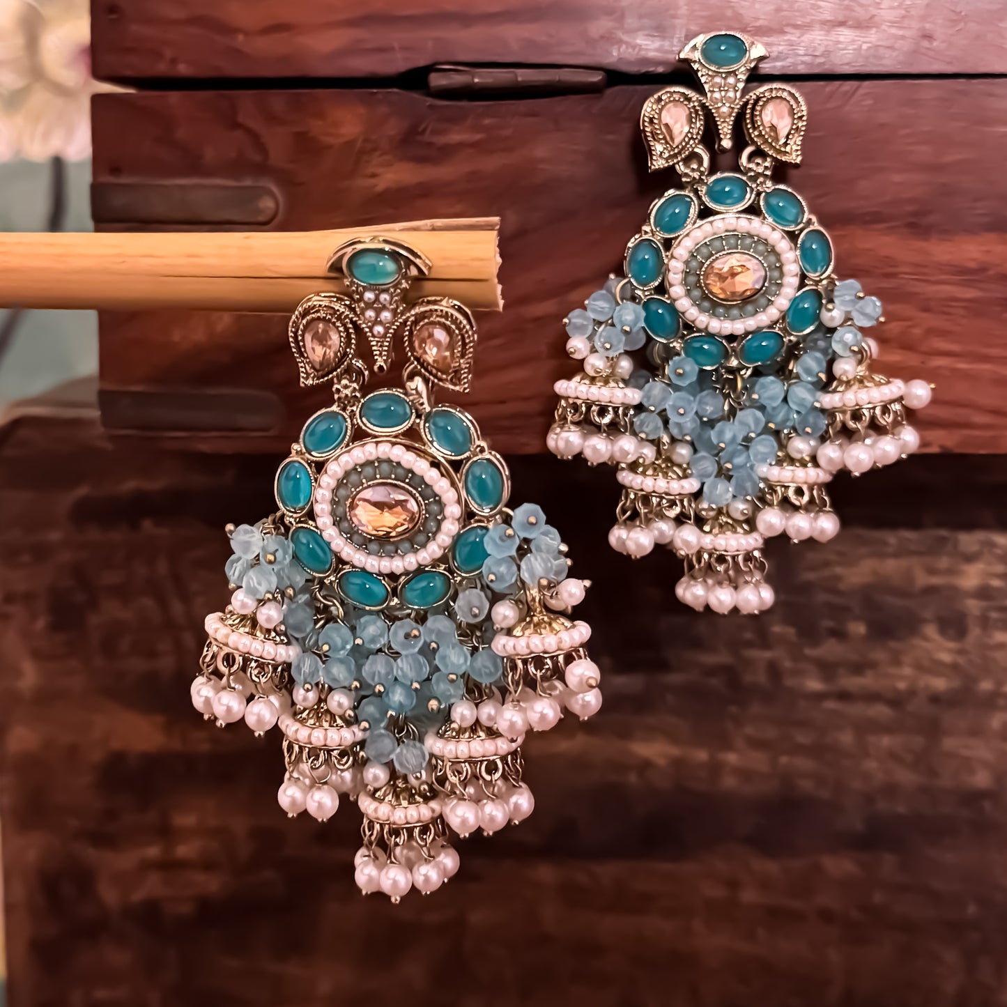 Heer Pearl Jhumka Chandbali Earrings - Sky Blue