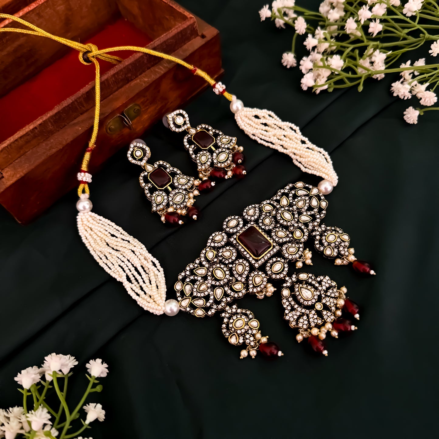 Aadhika Victorian AD Pearl Choker Necklace Set - Wine