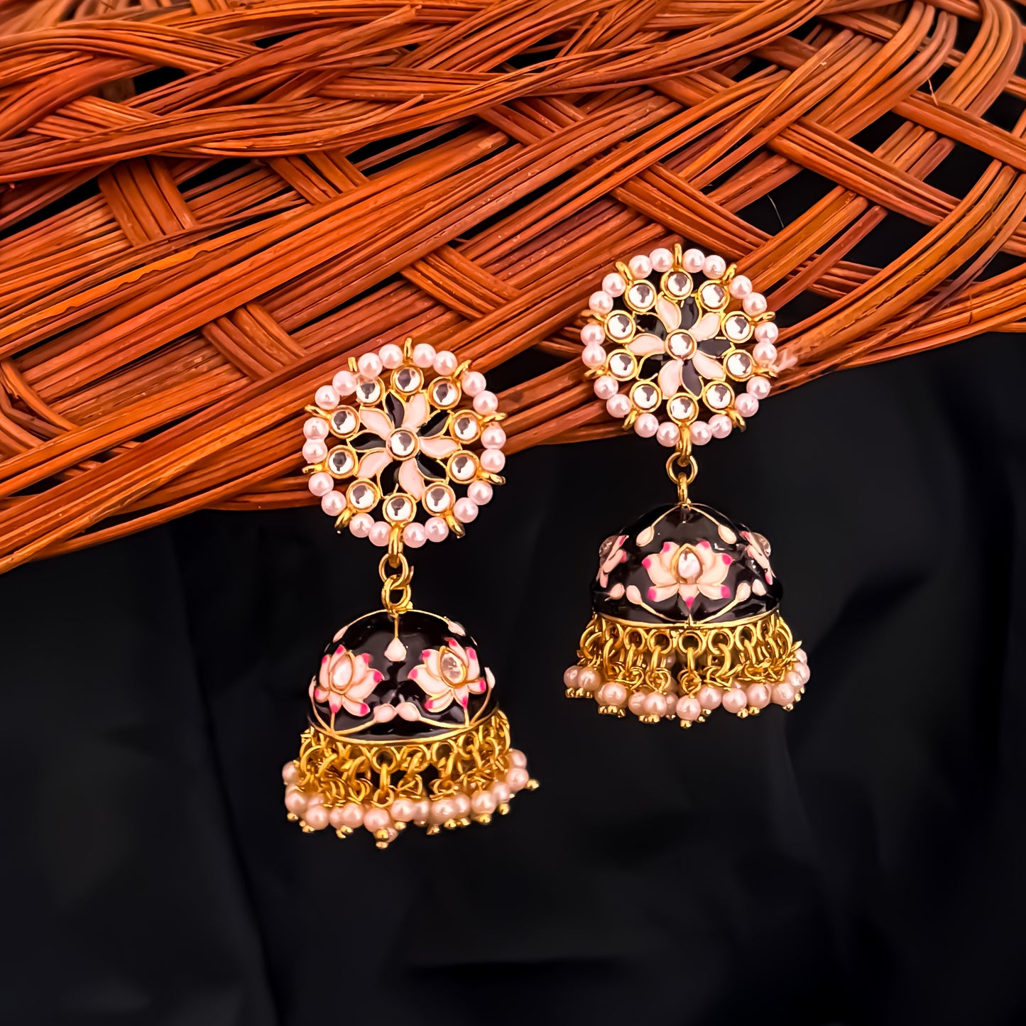 Black Meenakari Jhumka Earrings