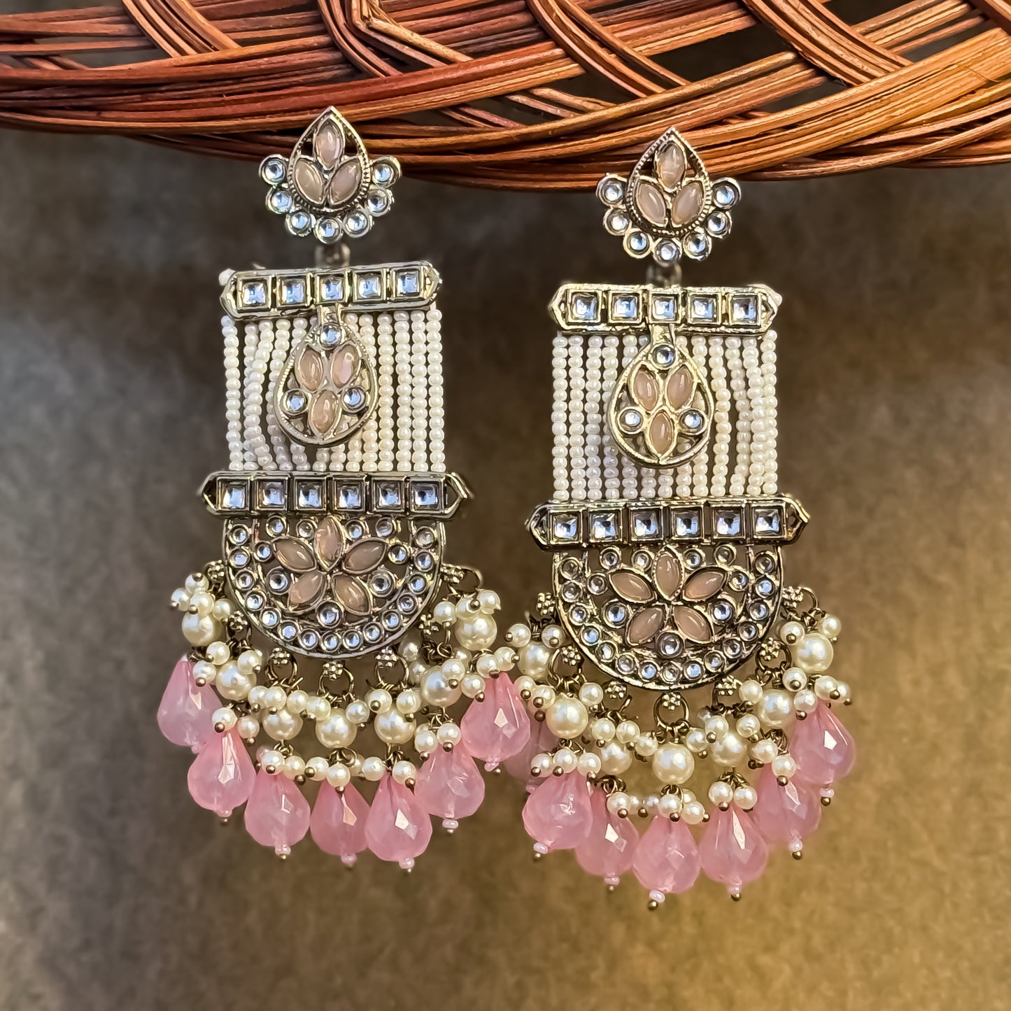 Kamya Pearl Chandbali Earrings- Baby Pink