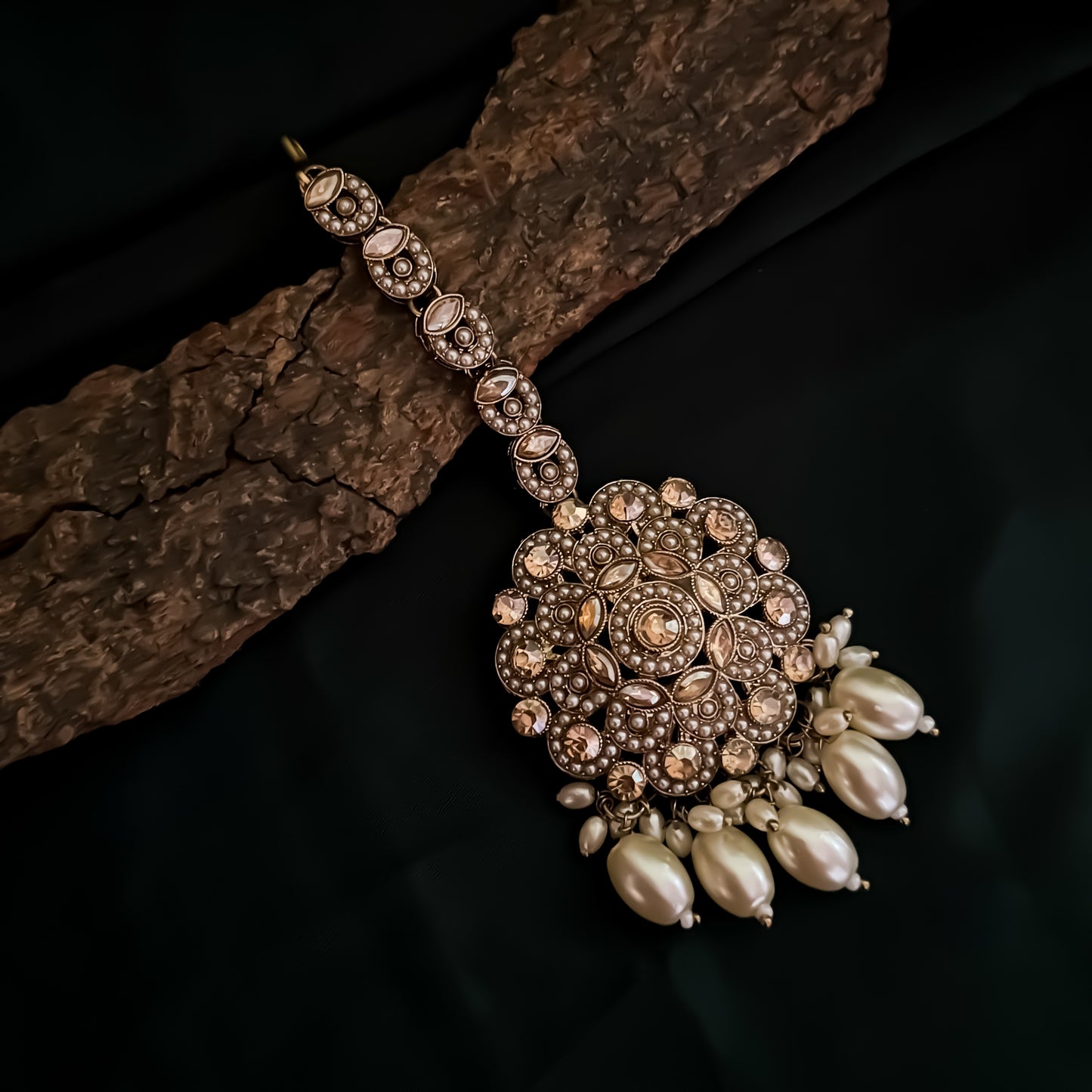 Mahtaab Jadau Reverse AD Jhumka Earrings with Earchain & Teeka - Golden