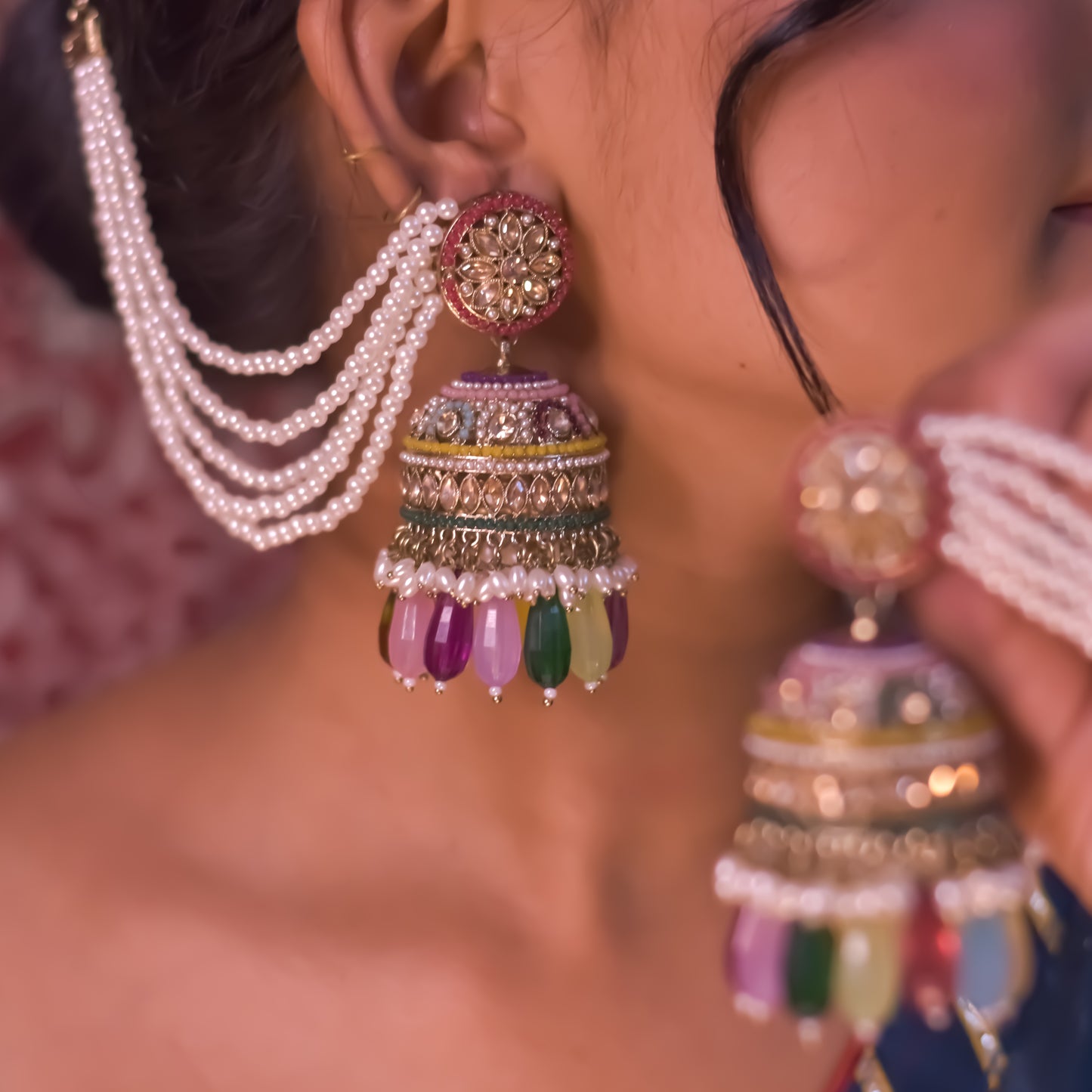 Rubina Jadau Reverse AD Jhumka Earrings with Earchain - Multi