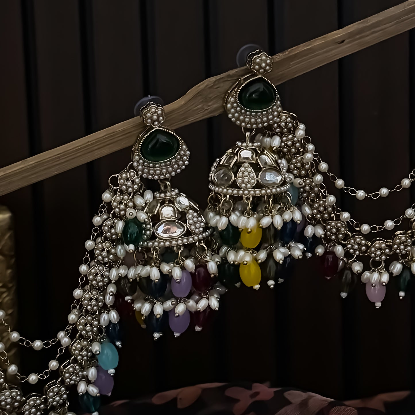Kirat Jadau Mirror Jhumka Earrings with Sahara/Earchains - Multi