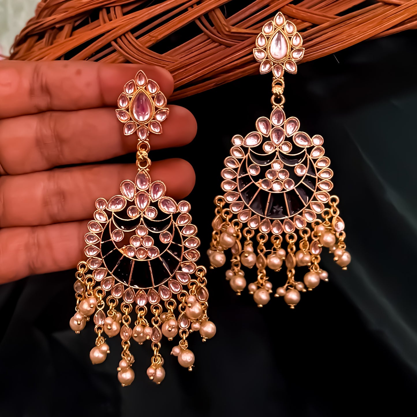 Shinu Kundan Chandbali Earrings - Black