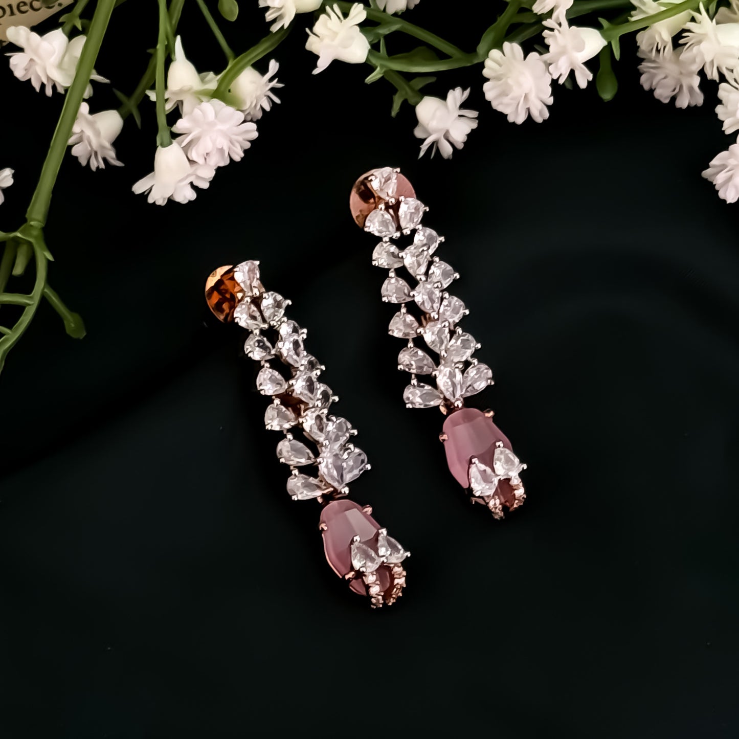 Hamsa American Diamond Dangker Earrings - Pastel Pink