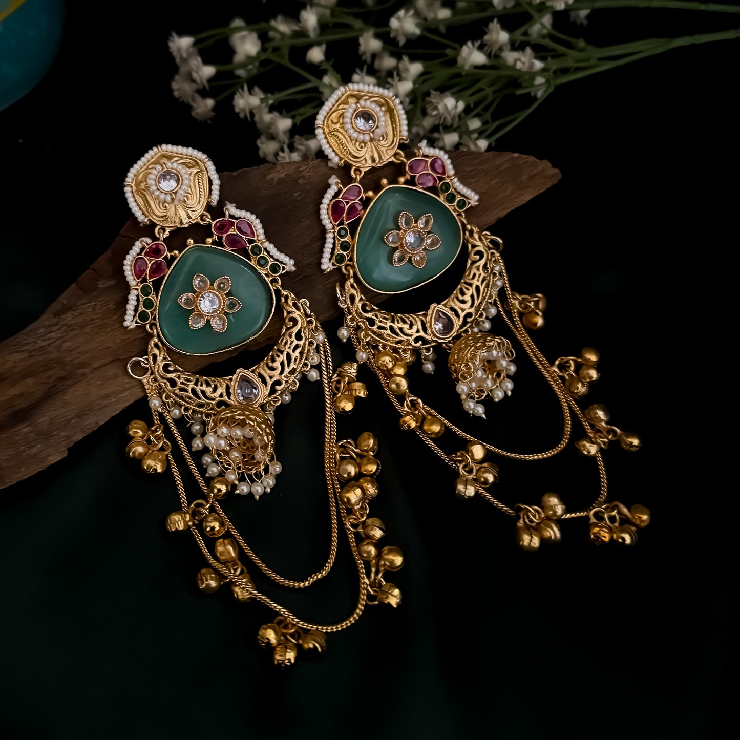 Rajshree Kashmiri Brass Dejhoor Ghungroo Jhumka Earrings - Pastel Green