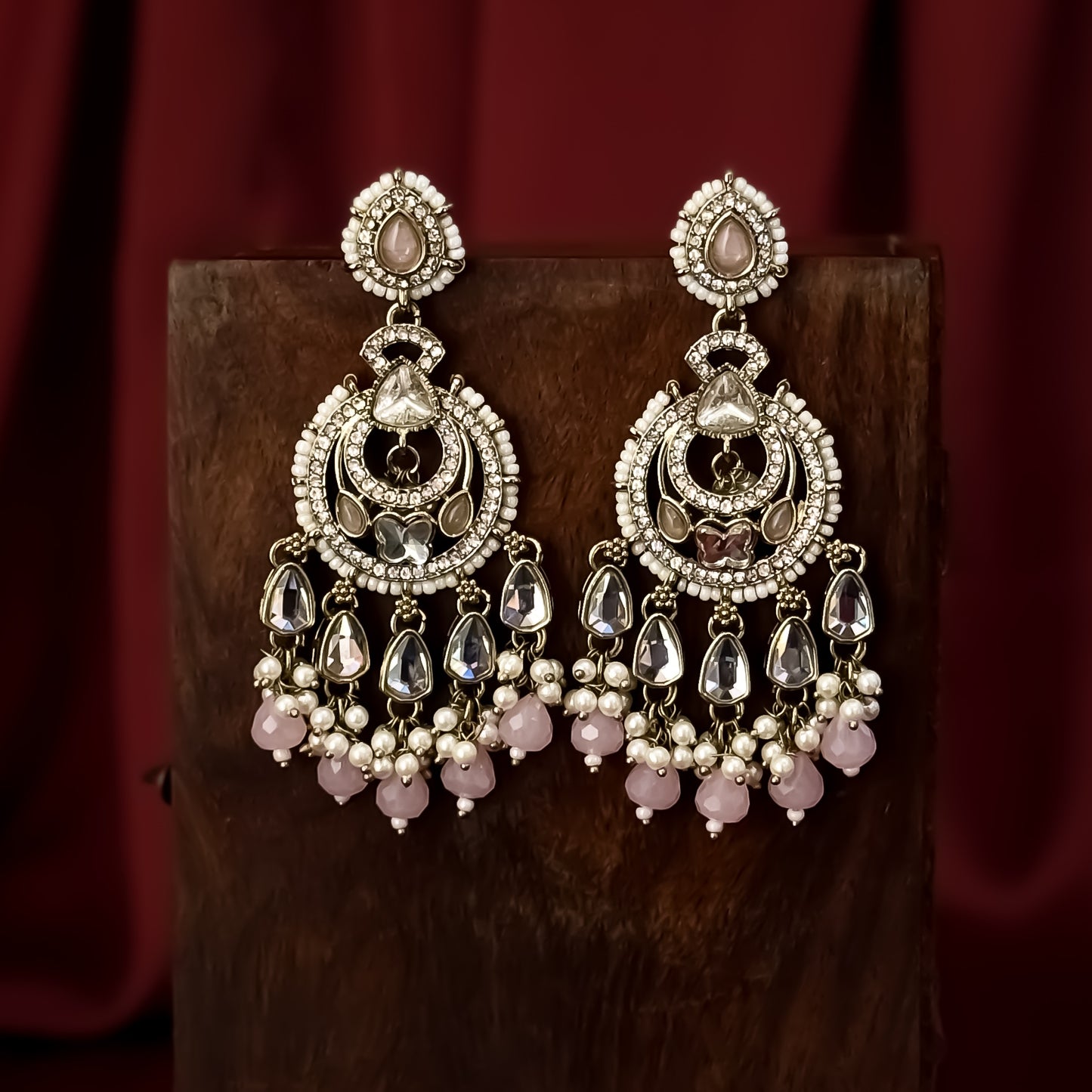 Athiya Kundan Pearl Premium Chandbali Earrings - Baby Pink
