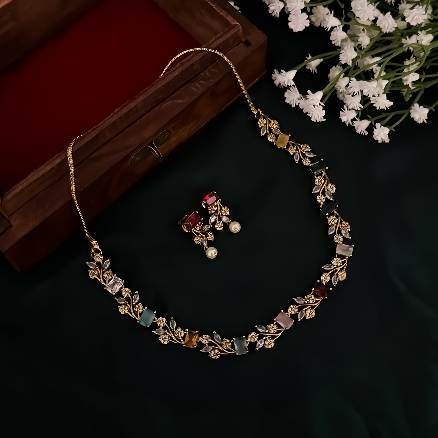 Navratan Petals Minimal AD Necklace Set