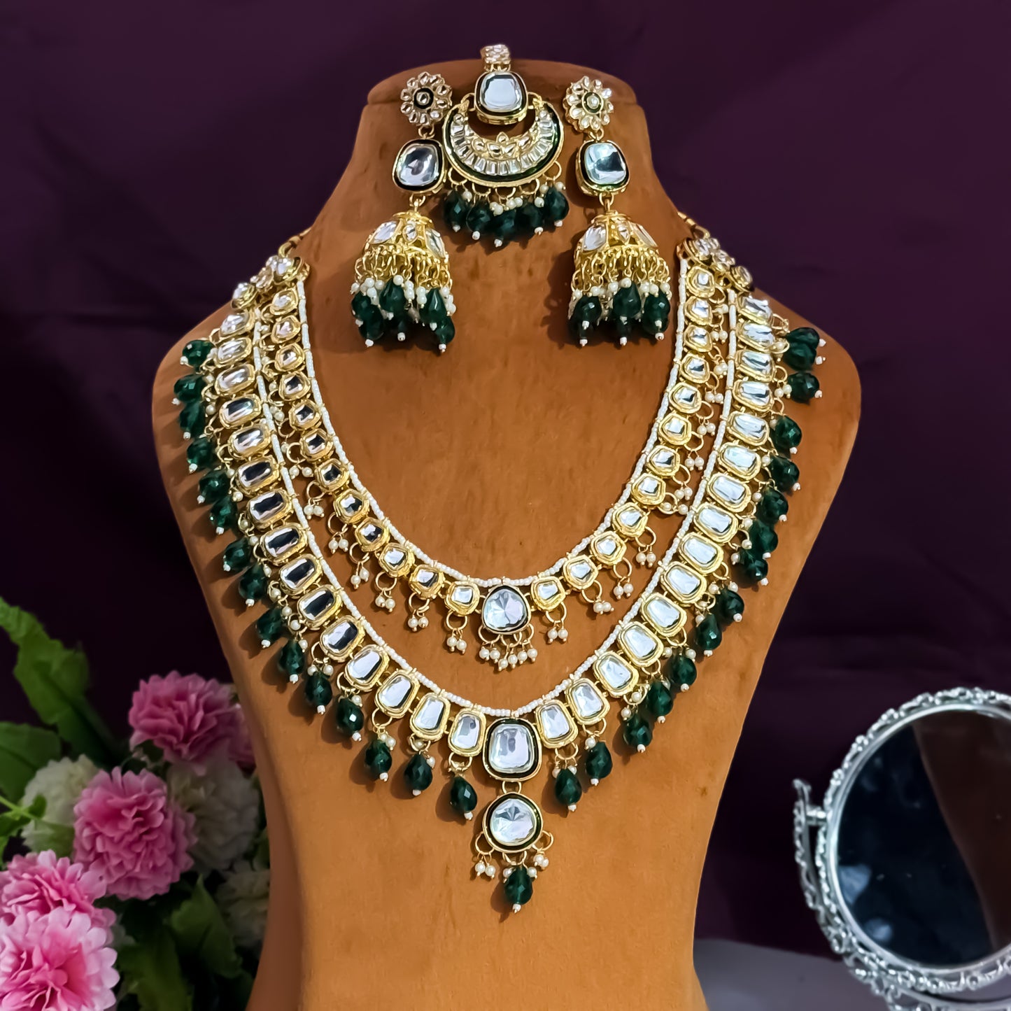 Deep Double layer Kundan Necklace Set - Green