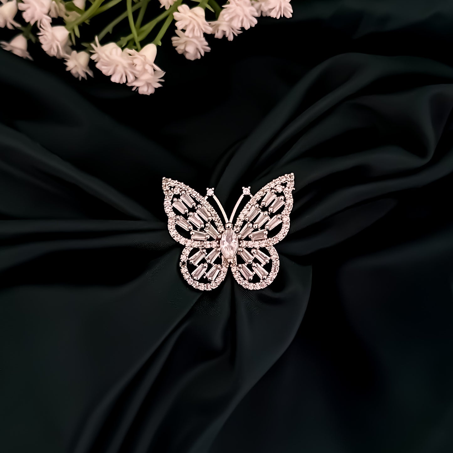 Butterfly American Diamond (AD) Silver Adjustable Ring