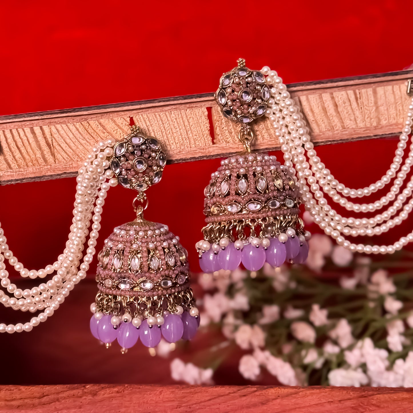 Mehvish Jadau Reverse AD Jhumka Earrings with Earchain - Lavender