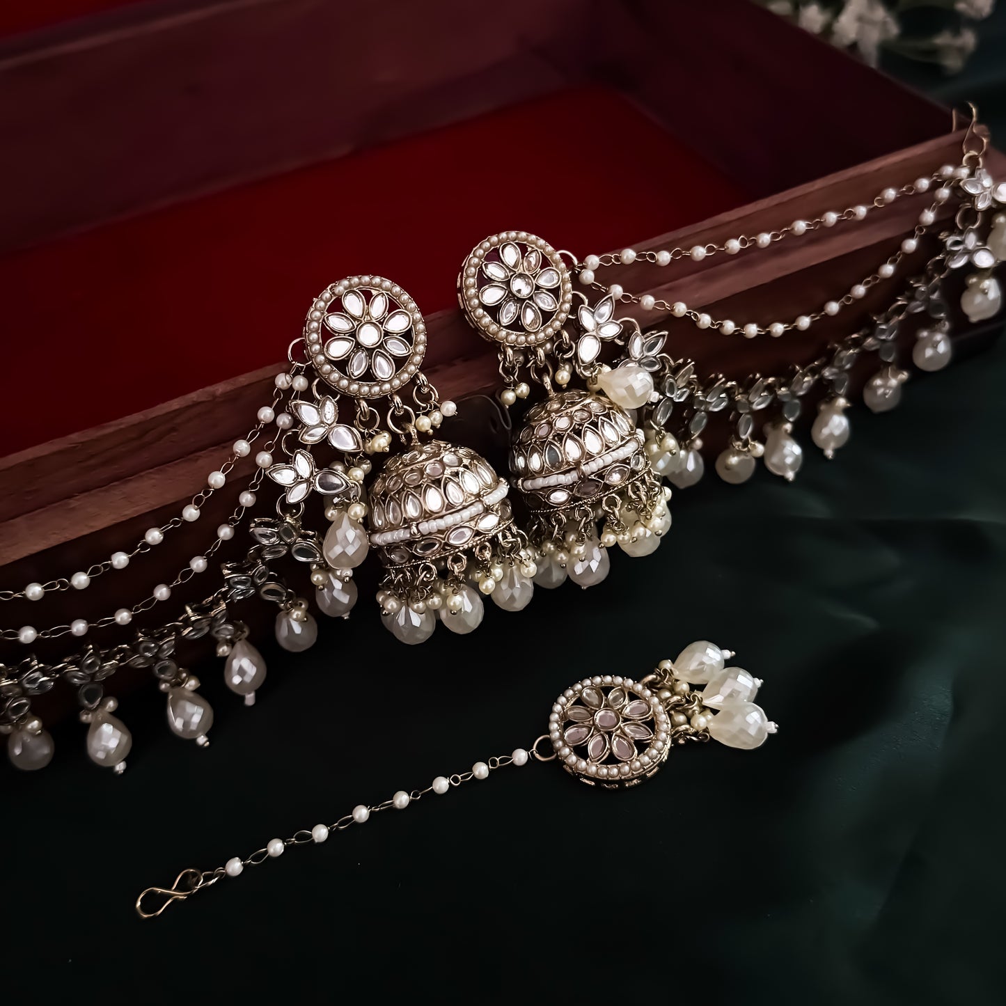 Kashish Jadau Mirror Jhumka Earrings with Sahara/Earchains - Golden