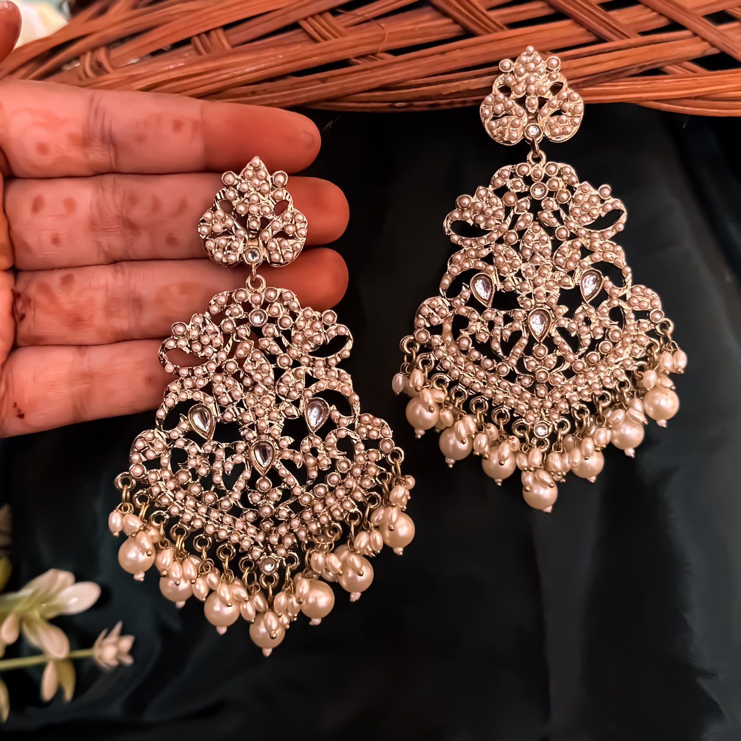 Shravya Jadau Chandbali Earrings - Golden