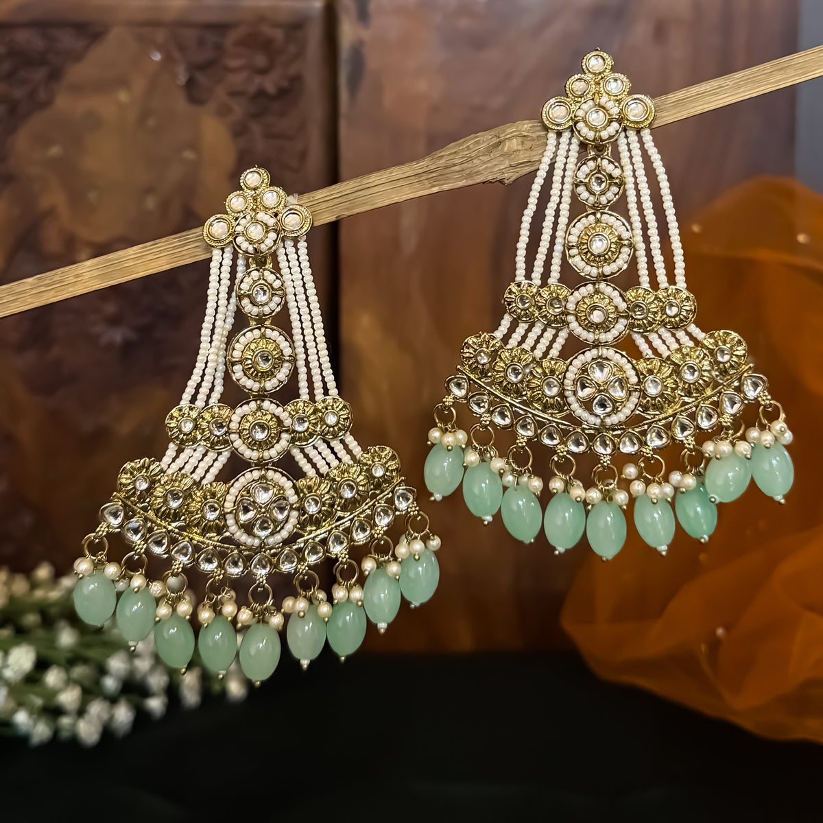 Pastel Green Kinza Kundan Pearl Chandbali Earrings