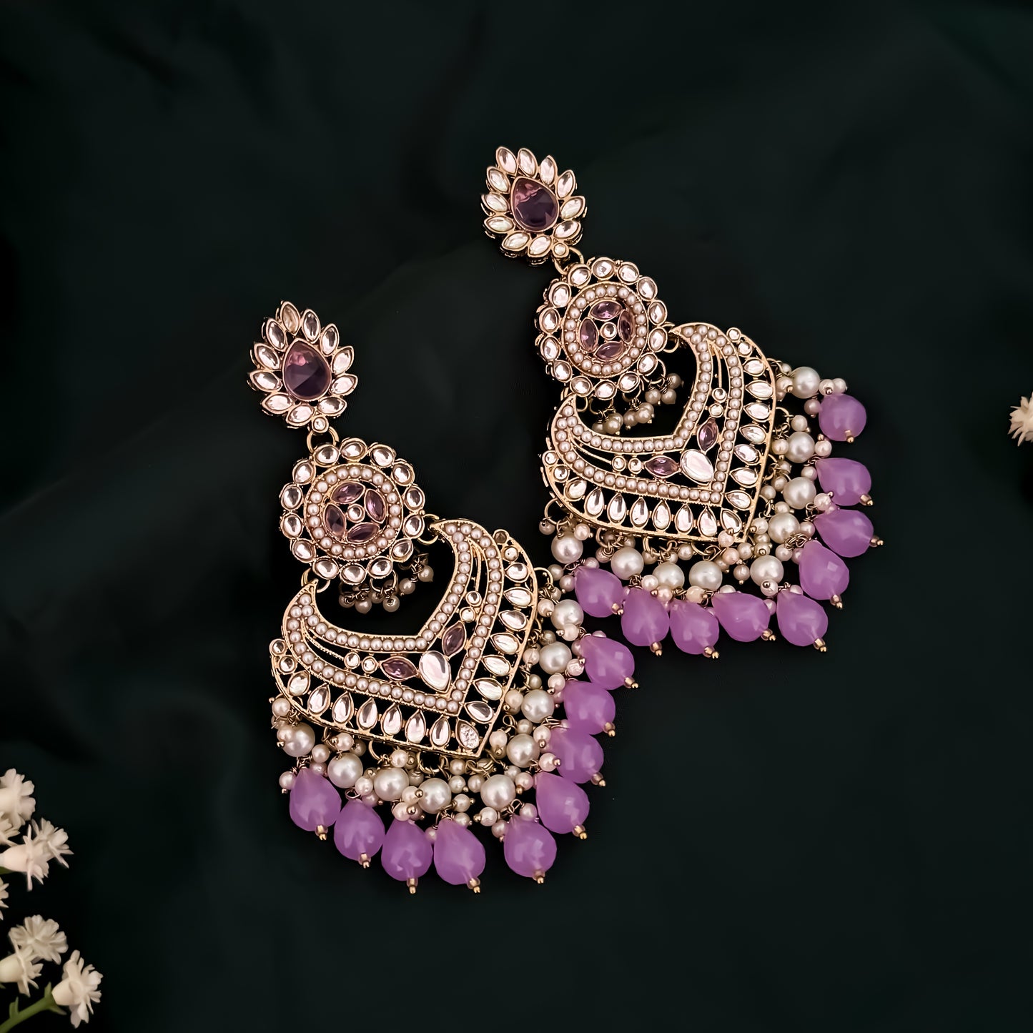 Shaba Jadau Kundan Chandbali Earrings - Lavender