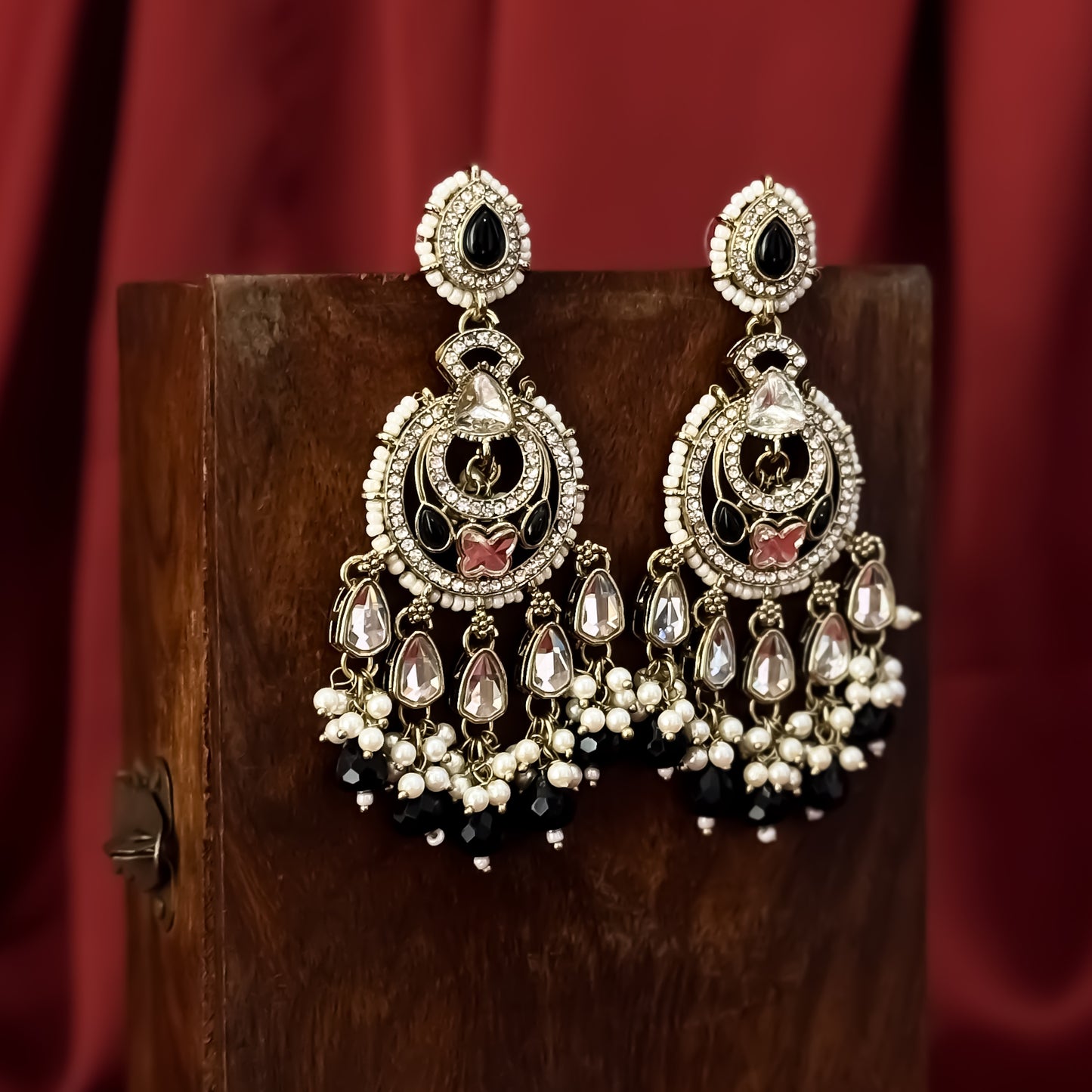 Athiya Kundan Pearl Premium Chandbali Earrings - Black