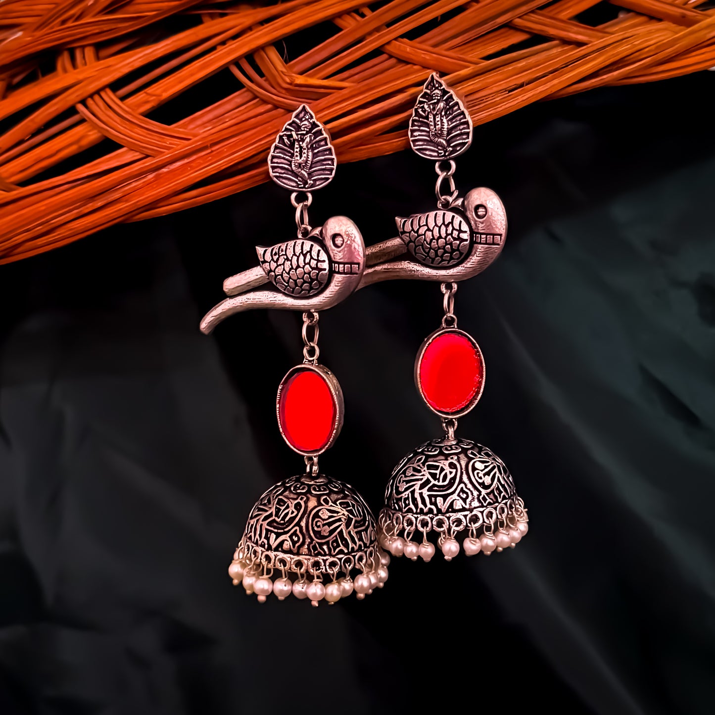 Parrot Afghani Mirror Silver Jhumka Earrings