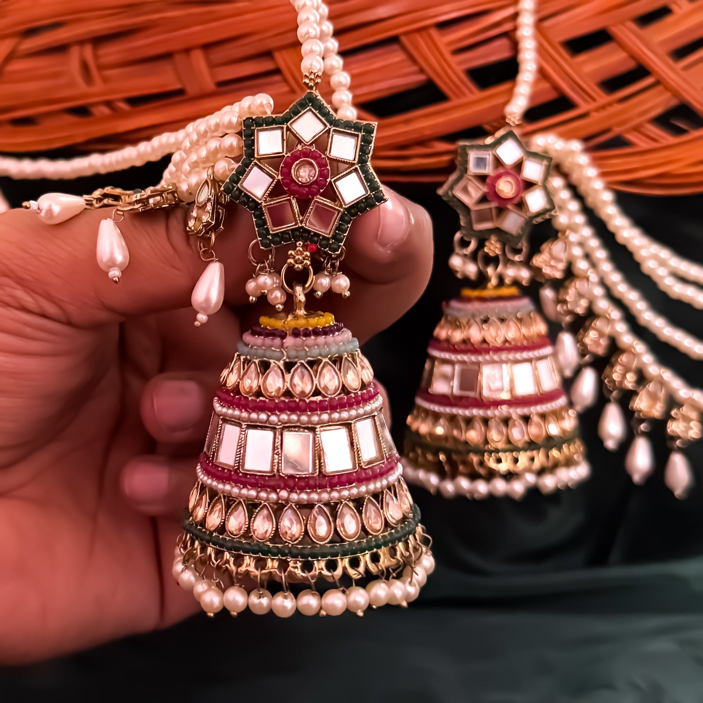 Rani Padmavat Jadau Jhumka Earrings with Sahara & Teeka - Multi