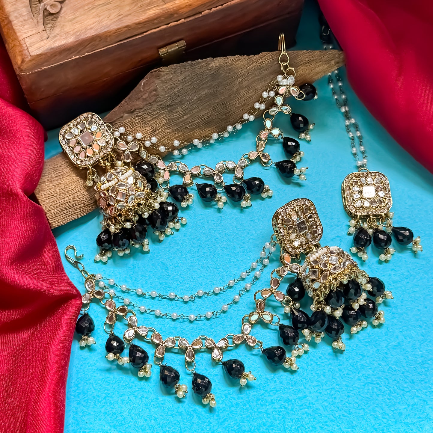 Mohika Mirror Jhumka Earrings with Sahara & Tika Set - Black