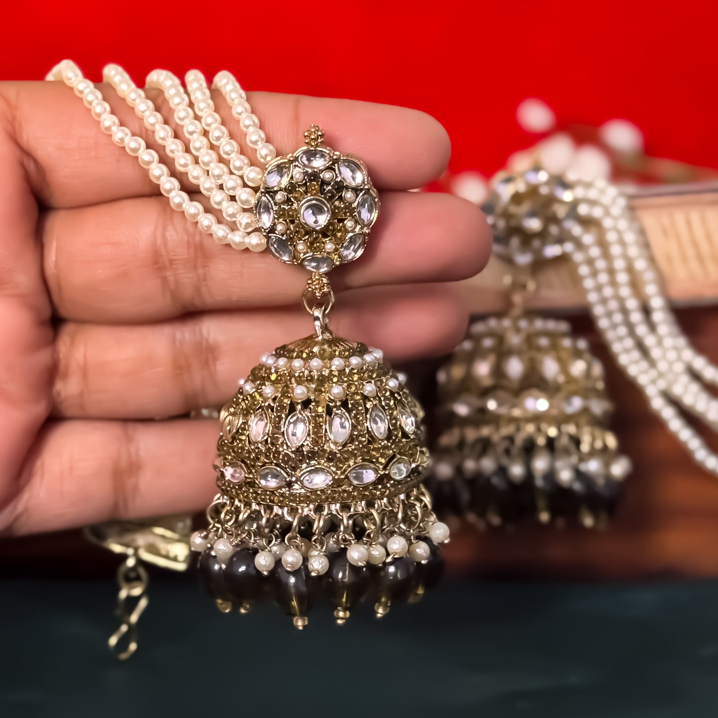 Mehvish Jadau Reverse AD Jhumka Earrings with Earchain - Mehendi Green
